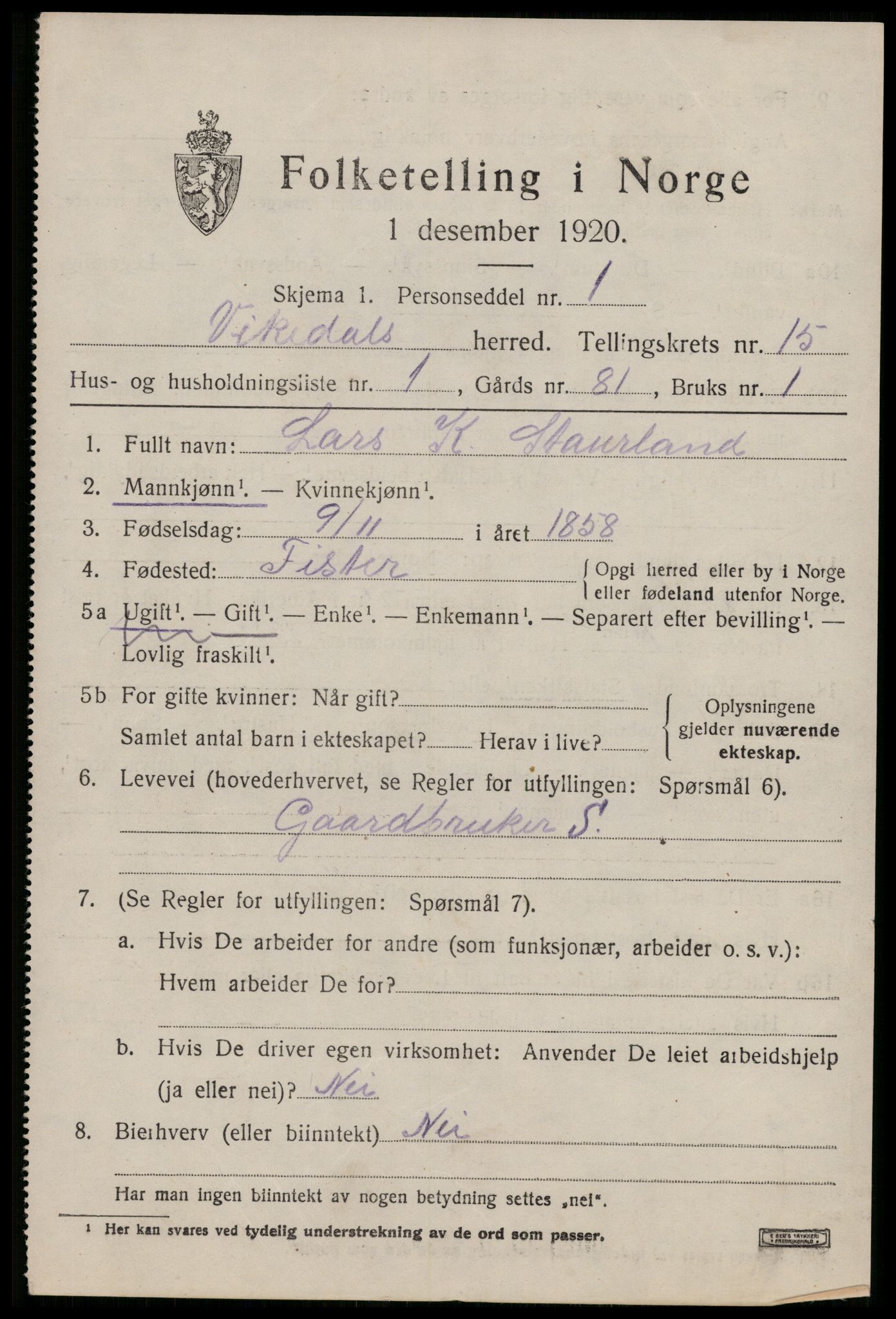 SAST, Folketelling 1920 for 1157 Vikedal herred, 1920, s. 4549