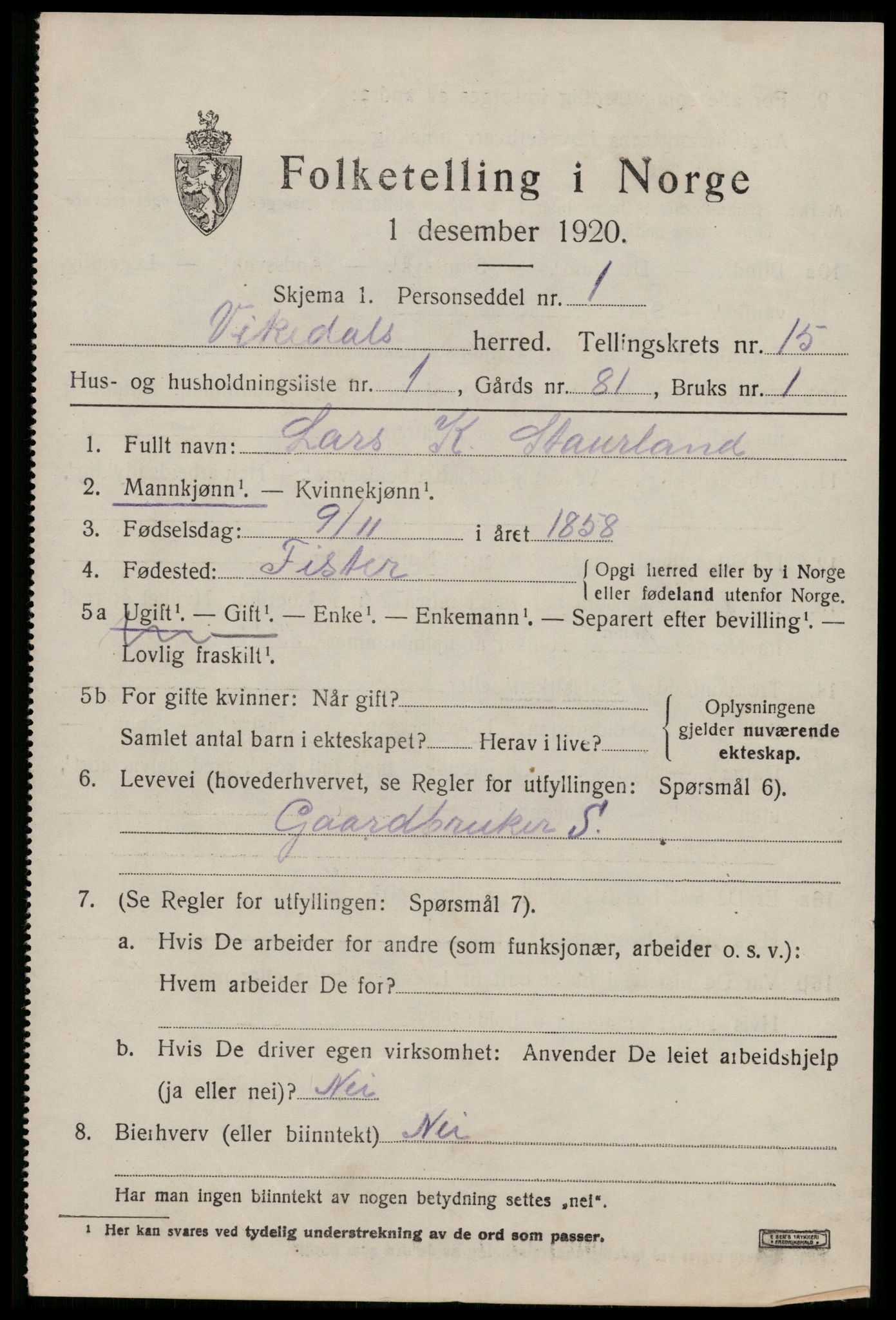 SAST, Folketelling 1920 for 1157 Vikedal herred, 1920, s. 4549