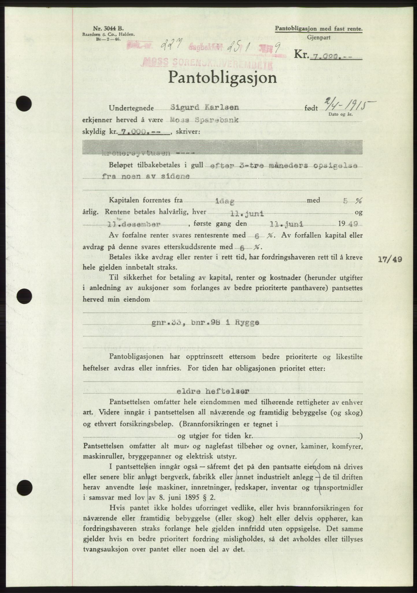 Moss sorenskriveri, SAO/A-10168: Pantebok nr. B21, 1949-1949, Dagboknr: 227/1949