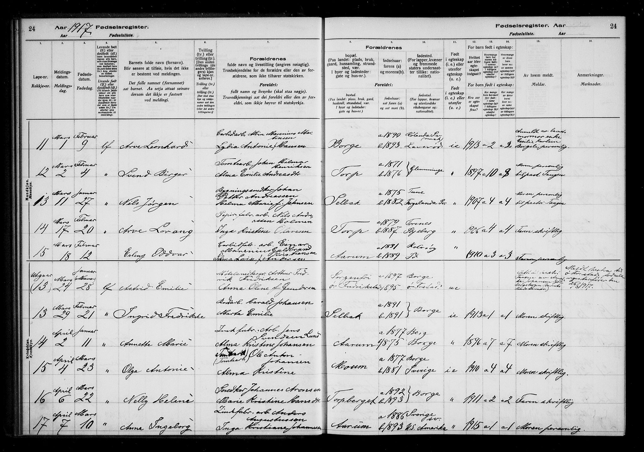 Borge prestekontor Kirkebøker, AV/SAO-A-10903/J/Ja/L0001: Fødselsregister nr. I 1, 1916-1925, s. 24