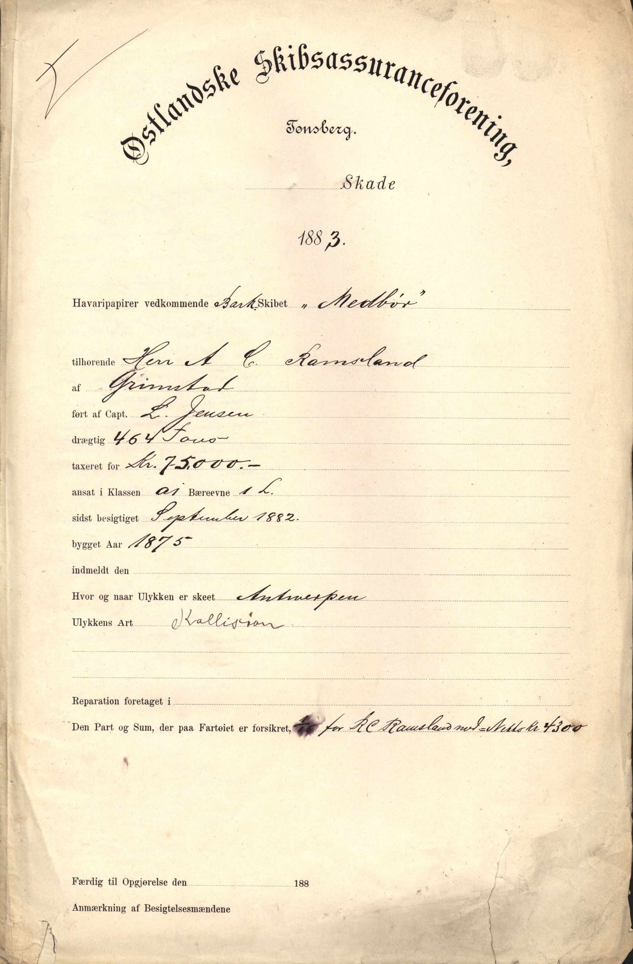 Pa 63 - Østlandske skibsassuranceforening, VEMU/A-1079/G/Ga/L0016/0010: Havaridokumenter / Medbør, Mercur, John Bertram, Marie, 1883, s. 1