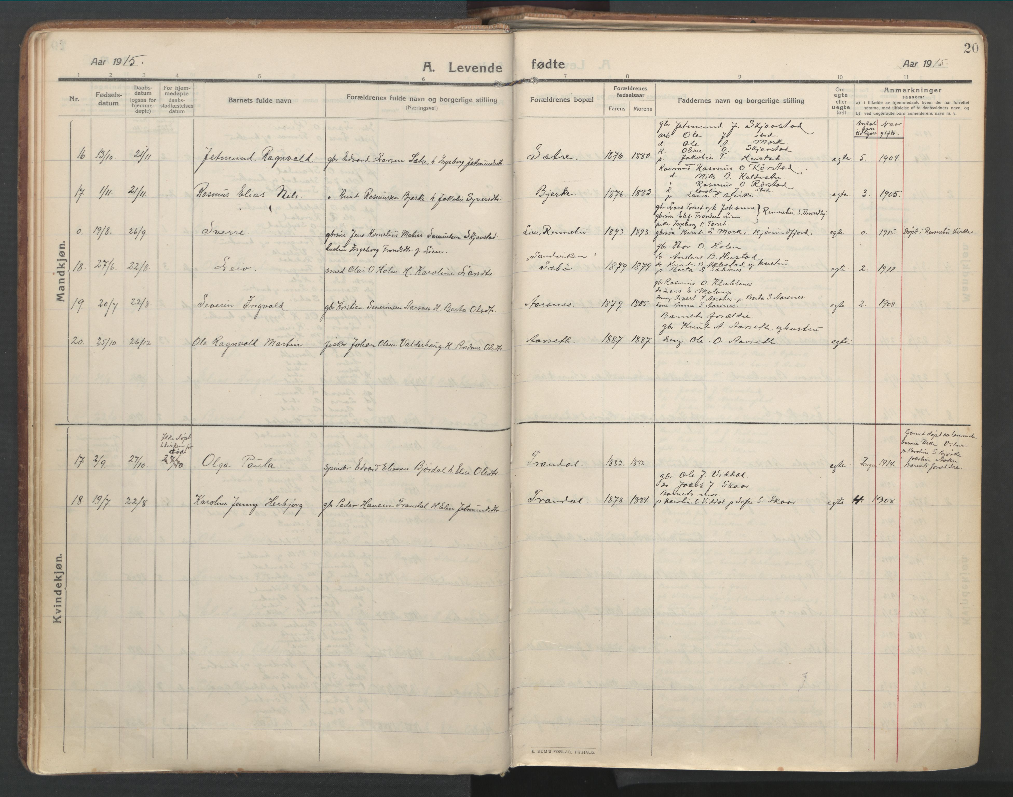 Ministerialprotokoller, klokkerbøker og fødselsregistre - Møre og Romsdal, AV/SAT-A-1454/515/L0212: Ministerialbok nr. 515A08, 1911-1935, s. 20