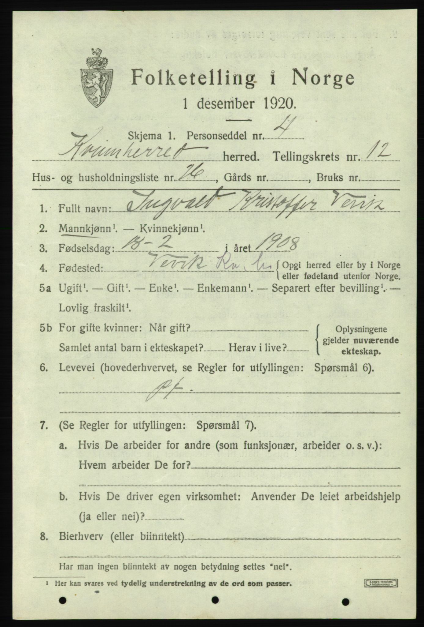 SAB, Folketelling 1920 for 1224 Kvinnherad herred, 1920, s. 7574