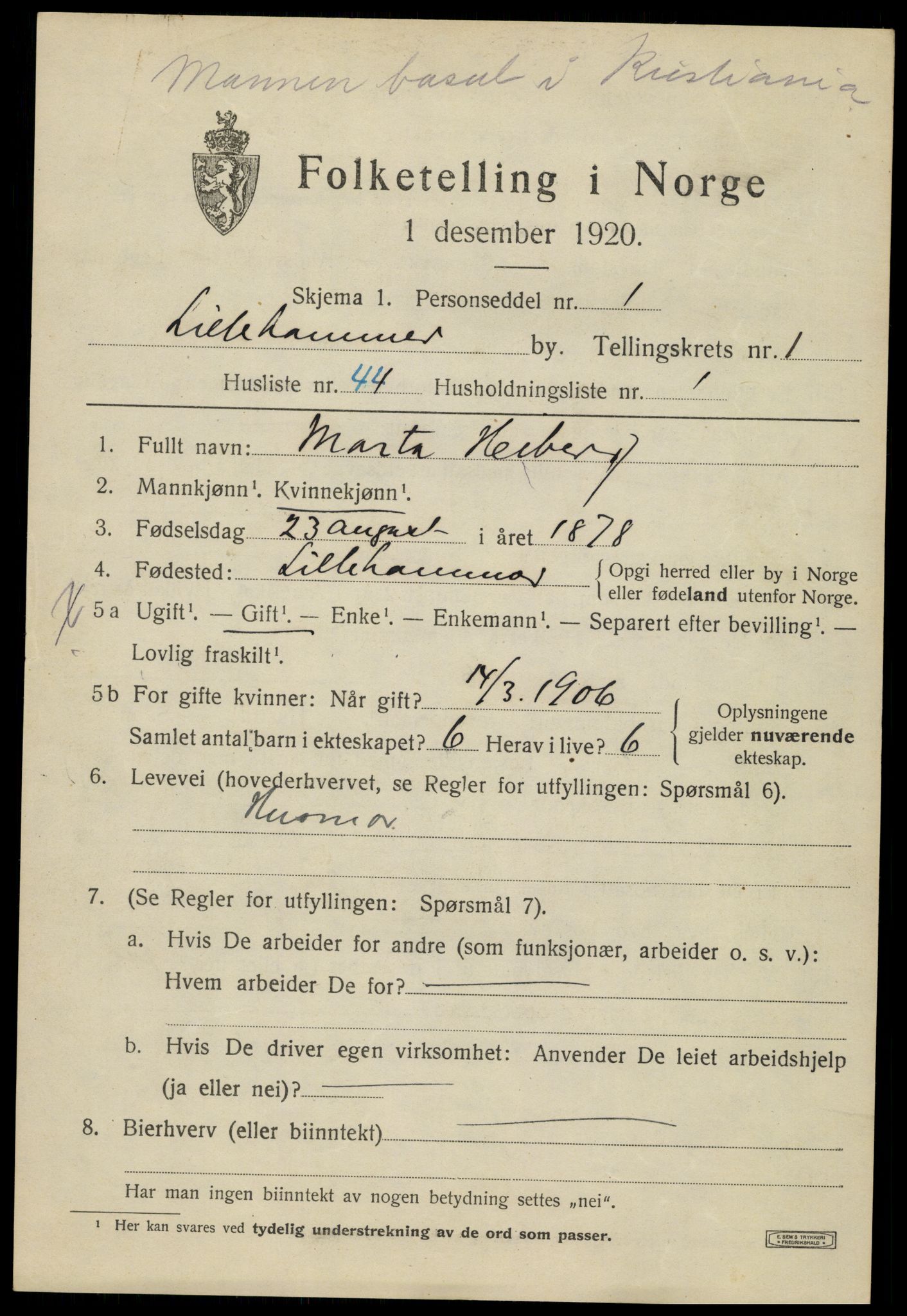 SAH, Folketelling 1920 for 0501 Lillehammer kjøpstad, 1920, s. 4336
