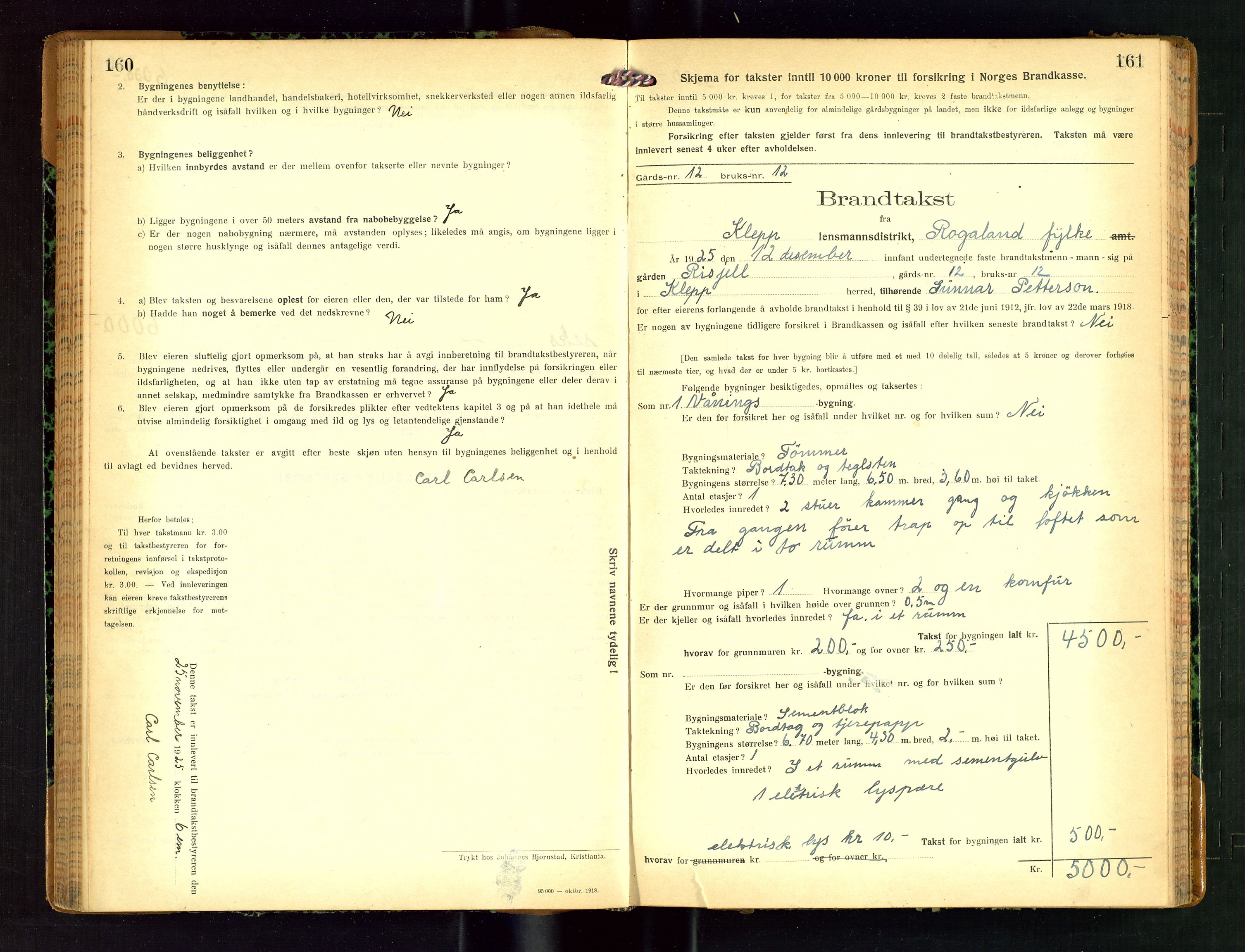 Klepp lensmannskontor, SAST/A-100163/Goc/L0011: "Brandtakstprotokoll" m/register, 1924-1929, s. 160-161