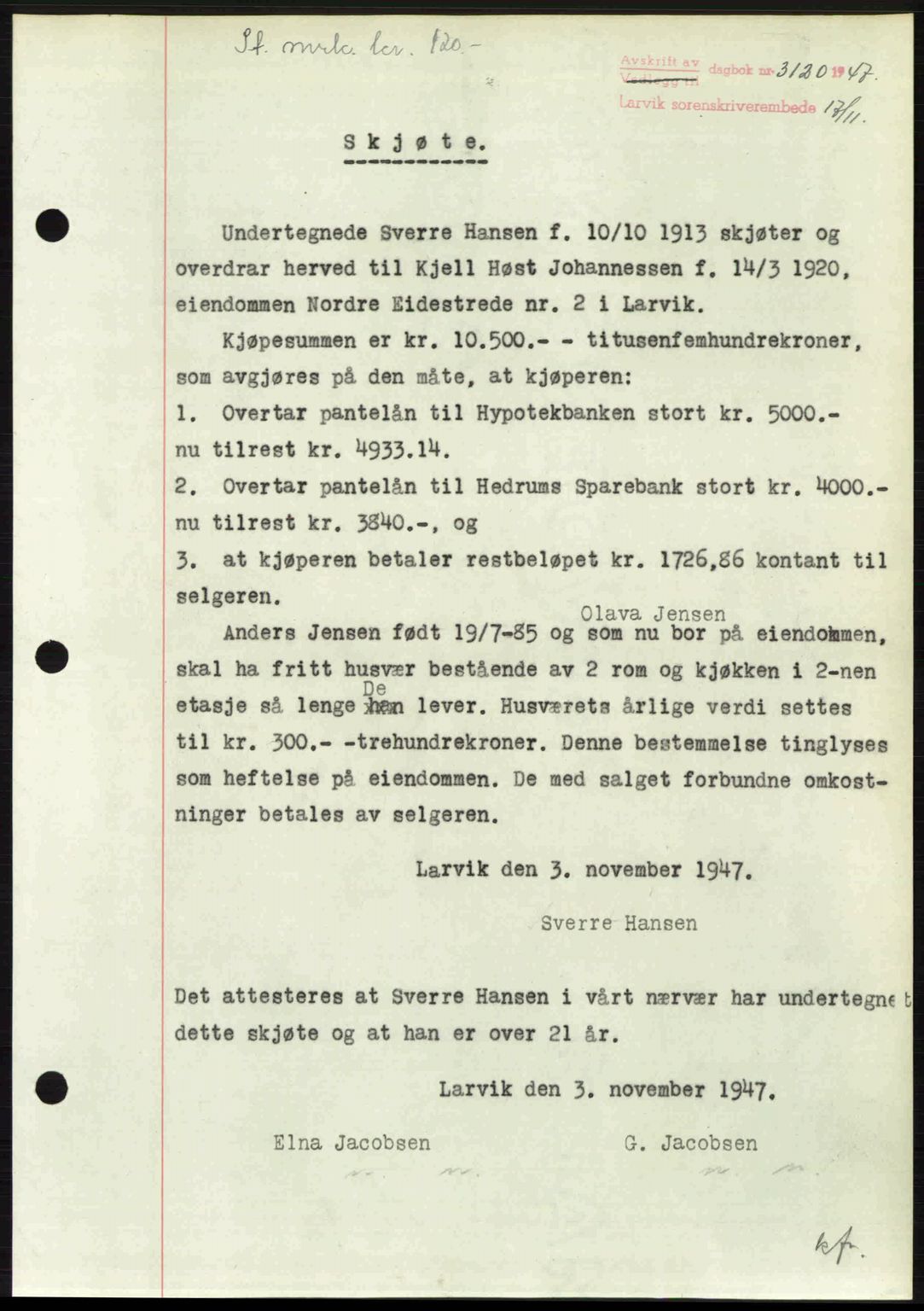 Larvik sorenskriveri, SAKO/A-83/G/Ga/Gab/L0085: Pantebok nr. A-19, 1947-1948, Dagboknr: 3120/1947