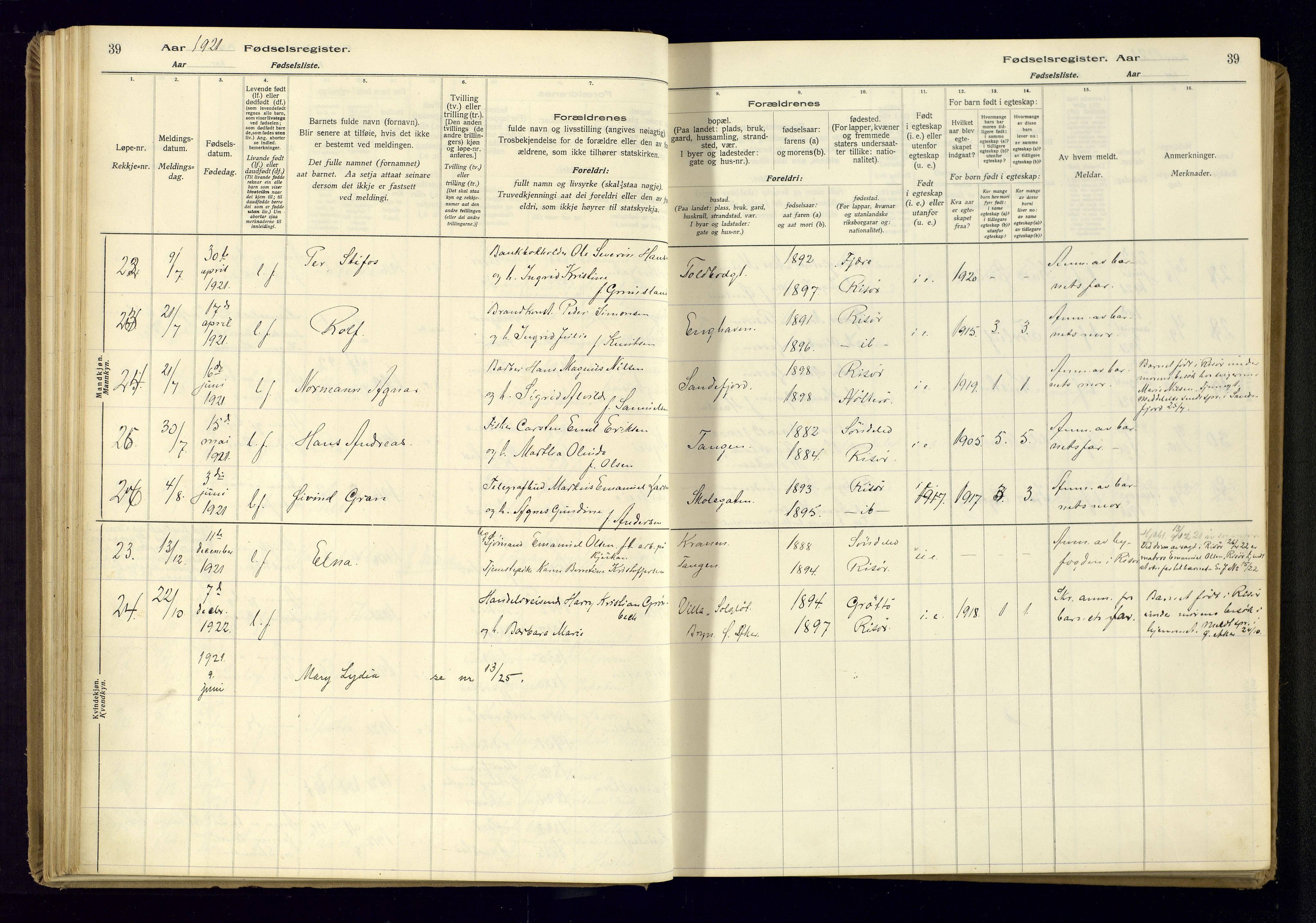 Risør sokneprestkontor, AV/SAK-1111-0035/J/Ja/L0001: Fødselsregister nr. A-VI-13, 1916-1947, s. 39