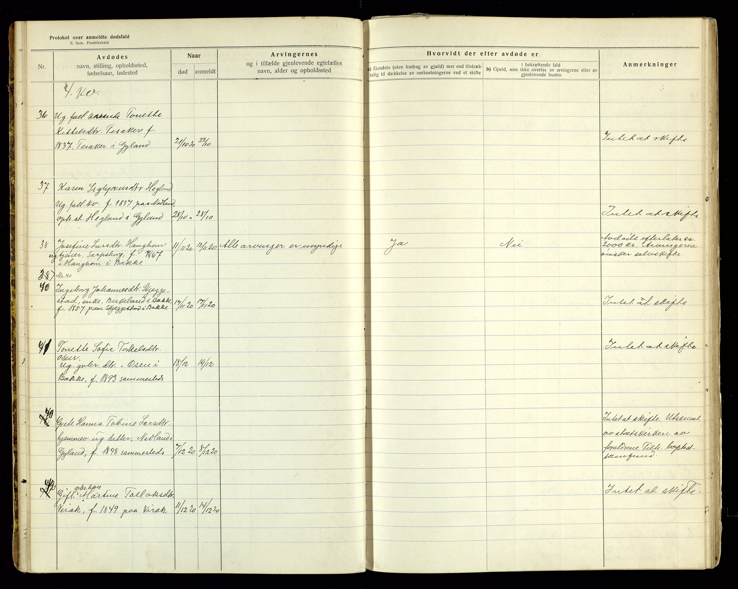 Bakke og Gyland lensmannskontor, AV/SAK-1241-0002/F/Fe/L0006: Anmeldte dødsfall nr 57A, 1918-1942