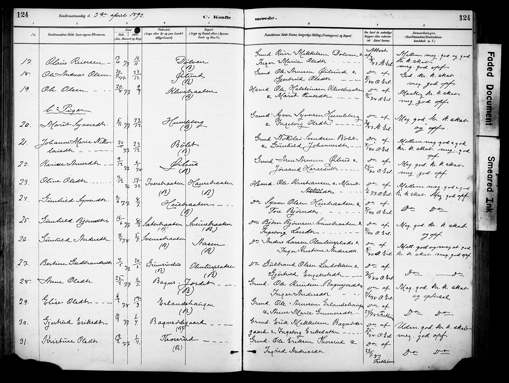 Sør-Aurdal prestekontor, SAH/PREST-128/H/Ha/Haa/L0009: Ministerialbok nr. 9, 1886-1906, s. 124