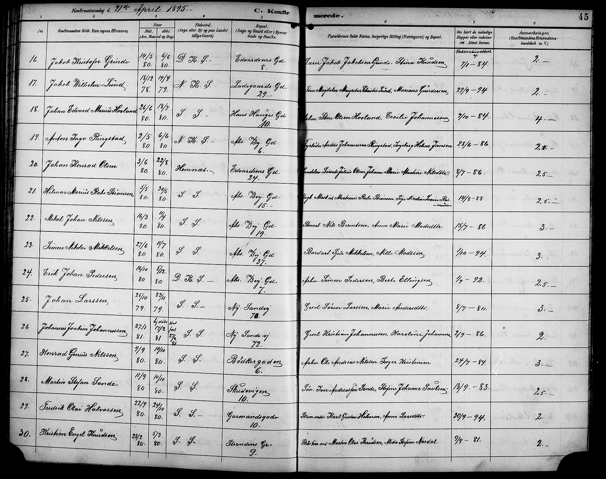 Sandviken Sokneprestembete, AV/SAB-A-77601/H/Hb/L0003: Klokkerbok nr. A 4, 1892-1901, s. 45