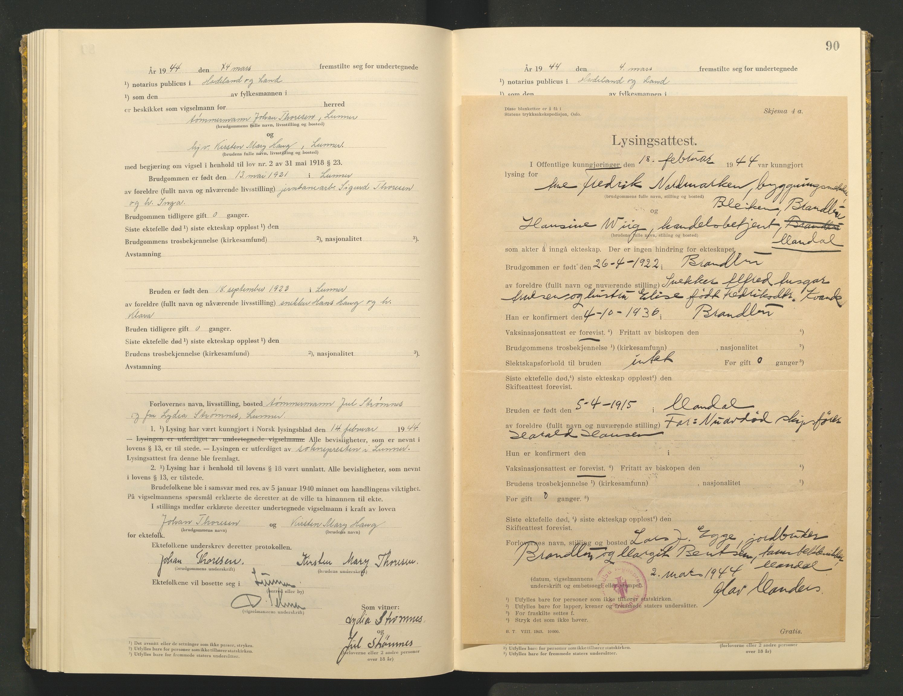 Hadeland og Land tingrett, AV/SAH-TING-010/L/Lb/L0002: Vigselbok, 1943-1944, s. 90