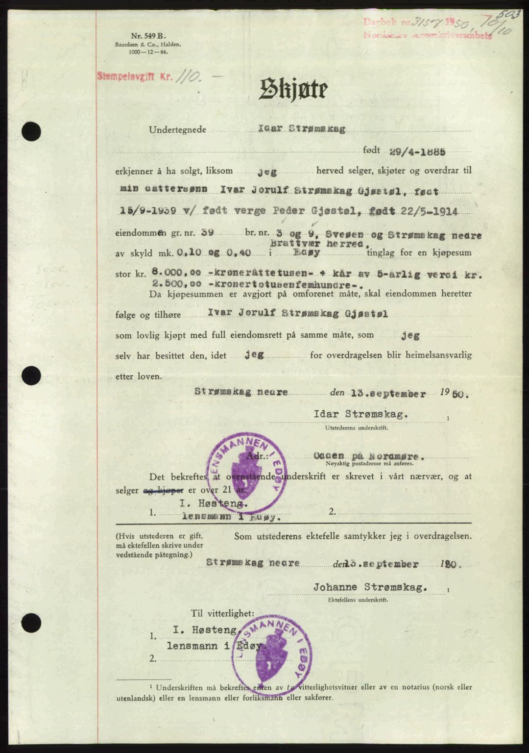 Nordmøre sorenskriveri, AV/SAT-A-4132/1/2/2Ca: Pantebok nr. A116, 1950-1950, Dagboknr: 3157/1950
