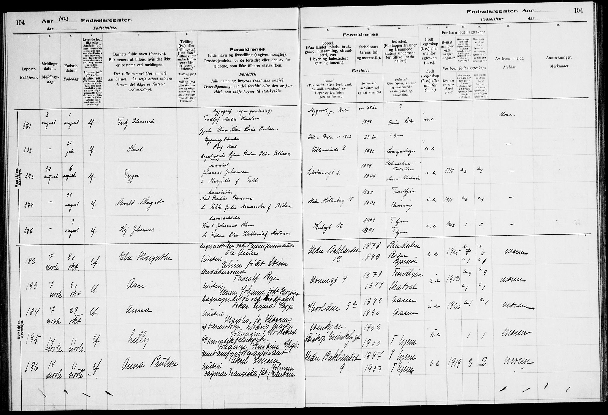 Ministerialprotokoller, klokkerbøker og fødselsregistre - Sør-Trøndelag, AV/SAT-A-1456/600/L0003: Fødselsregister nr. 600.II.4.2, 1920-1924, s. 104