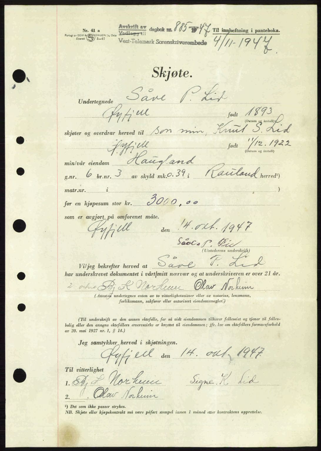 Vest-Telemark sorenskriveri, SAKO/A-134/G/Ga/Gac/L0008: Pantebok nr. A-8, 1947-1948, Dagboknr: 885/1947