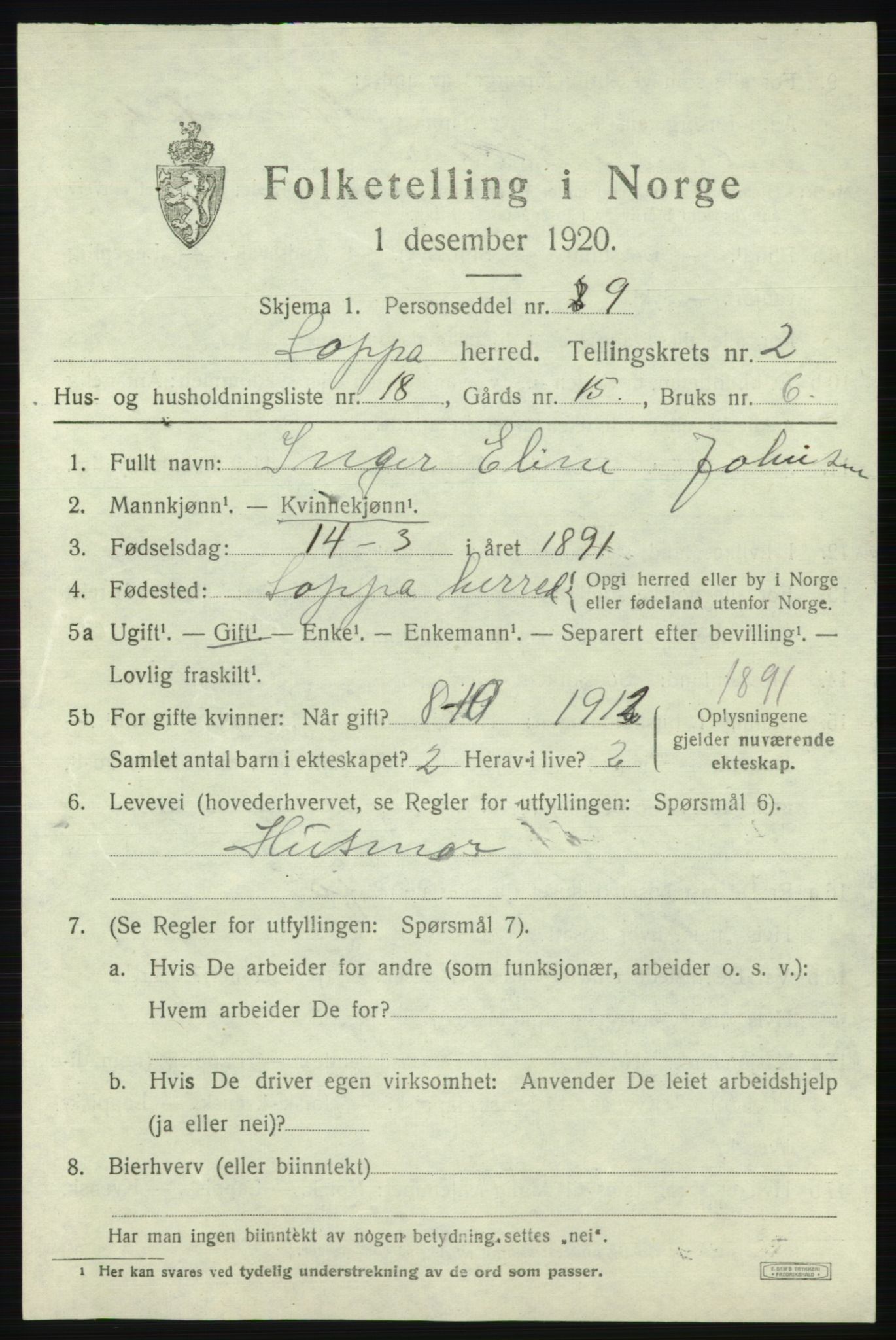SATØ, Folketelling 1920 for 2014 Loppa herred, 1920, s. 1006