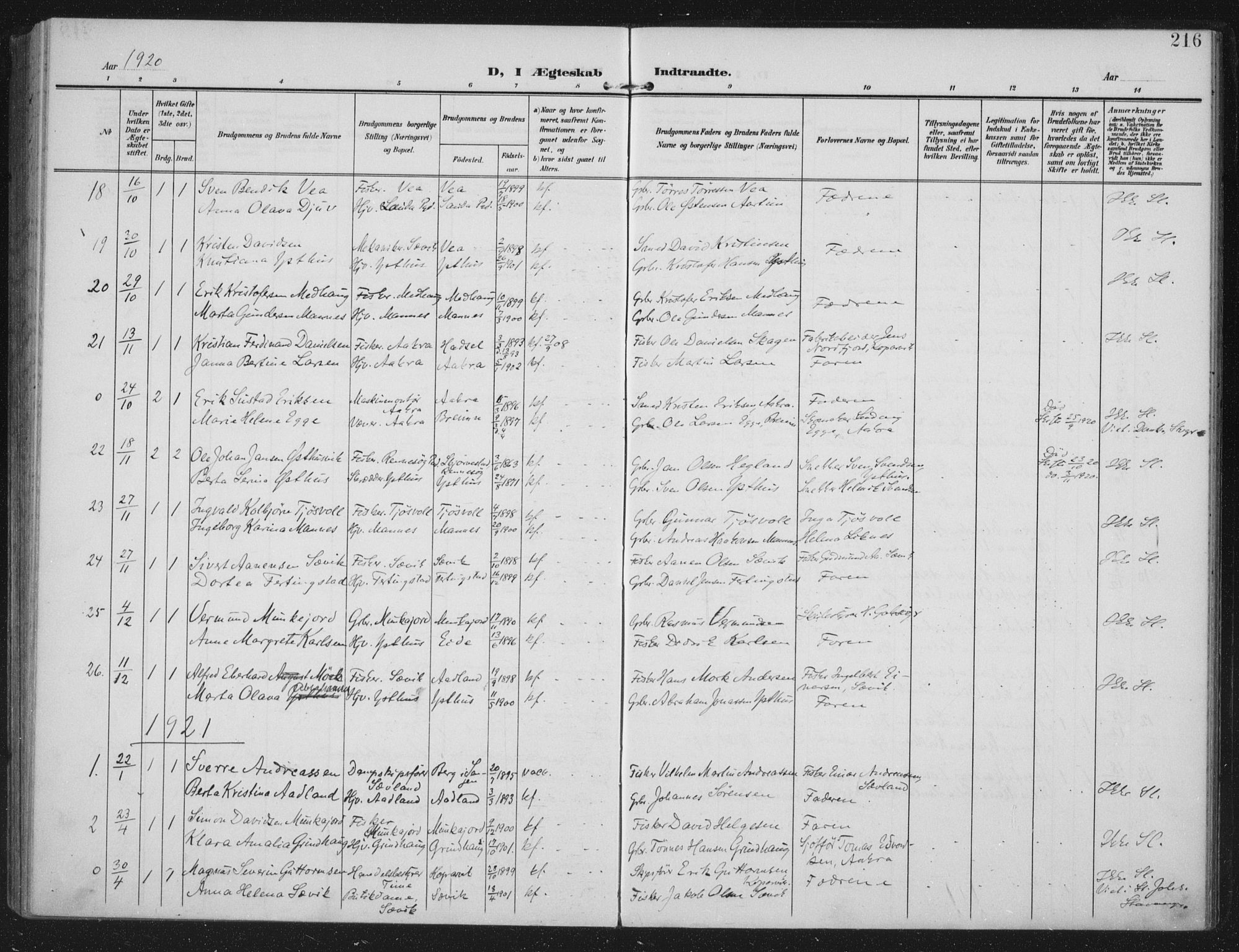 Kopervik sokneprestkontor, SAST/A-101850/H/Ha/Haa/L0005: Ministerialbok nr. A 5, 1906-1924, s. 216