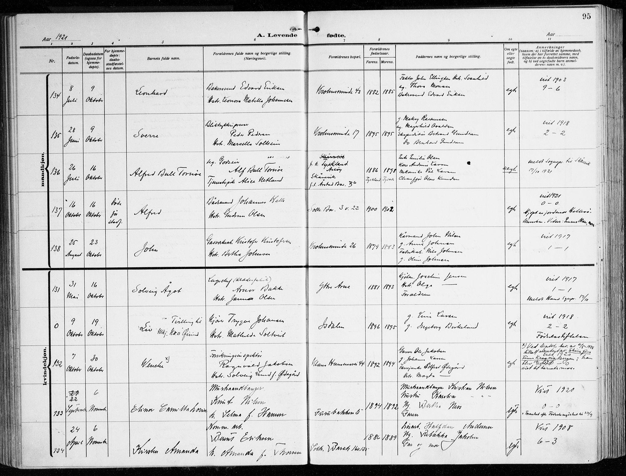 Årstad Sokneprestembete, AV/SAB-A-79301/H/Haa/L0004: Ministerialbok nr. A 4, 1919-1928, s. 95
