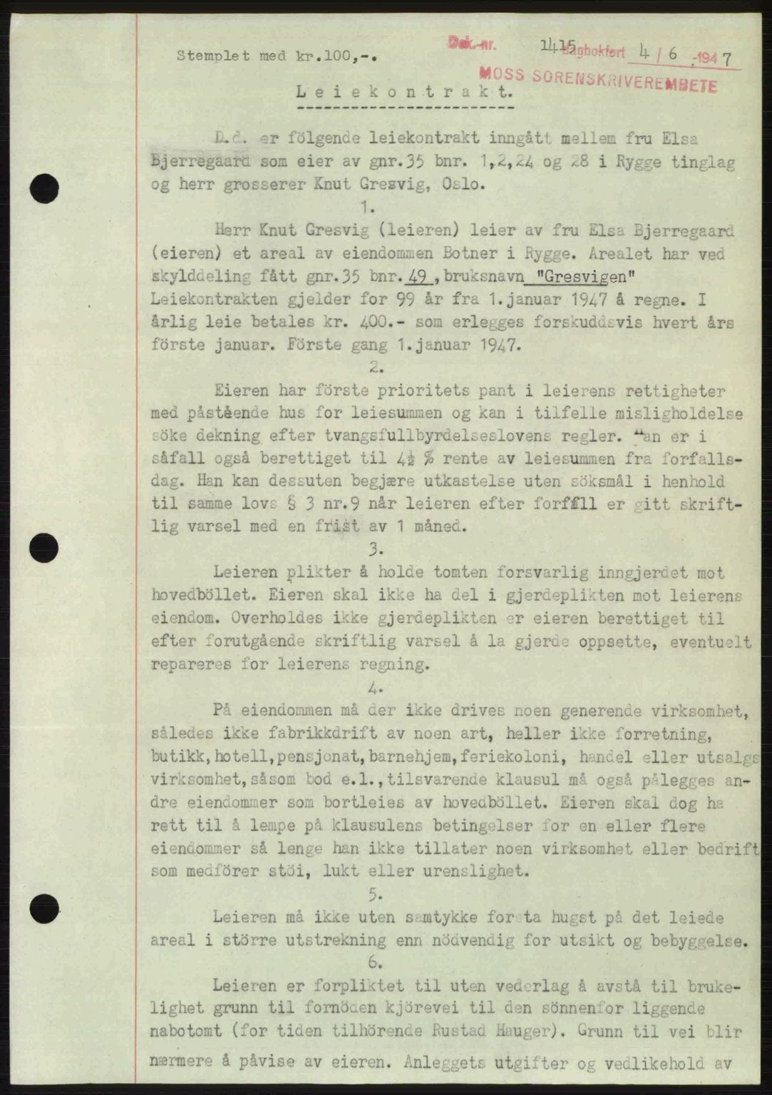 Moss sorenskriveri, SAO/A-10168: Pantebok nr. A17, 1947-1947, Dagboknr: 1415/1947