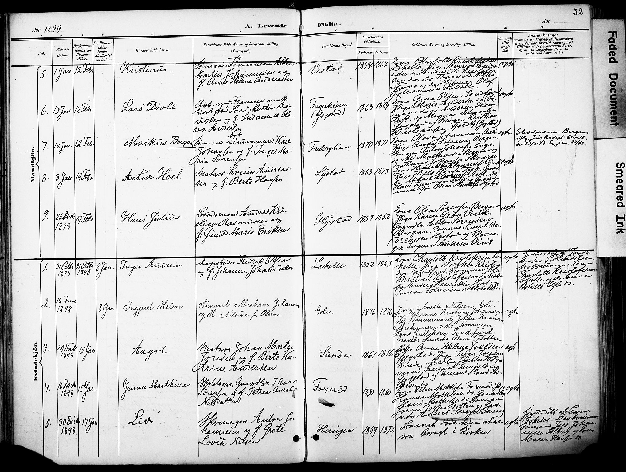 Sandar kirkebøker, AV/SAKO-A-243/F/Fa/L0014: Ministerialbok nr. 14, 1896-1909, s. 52