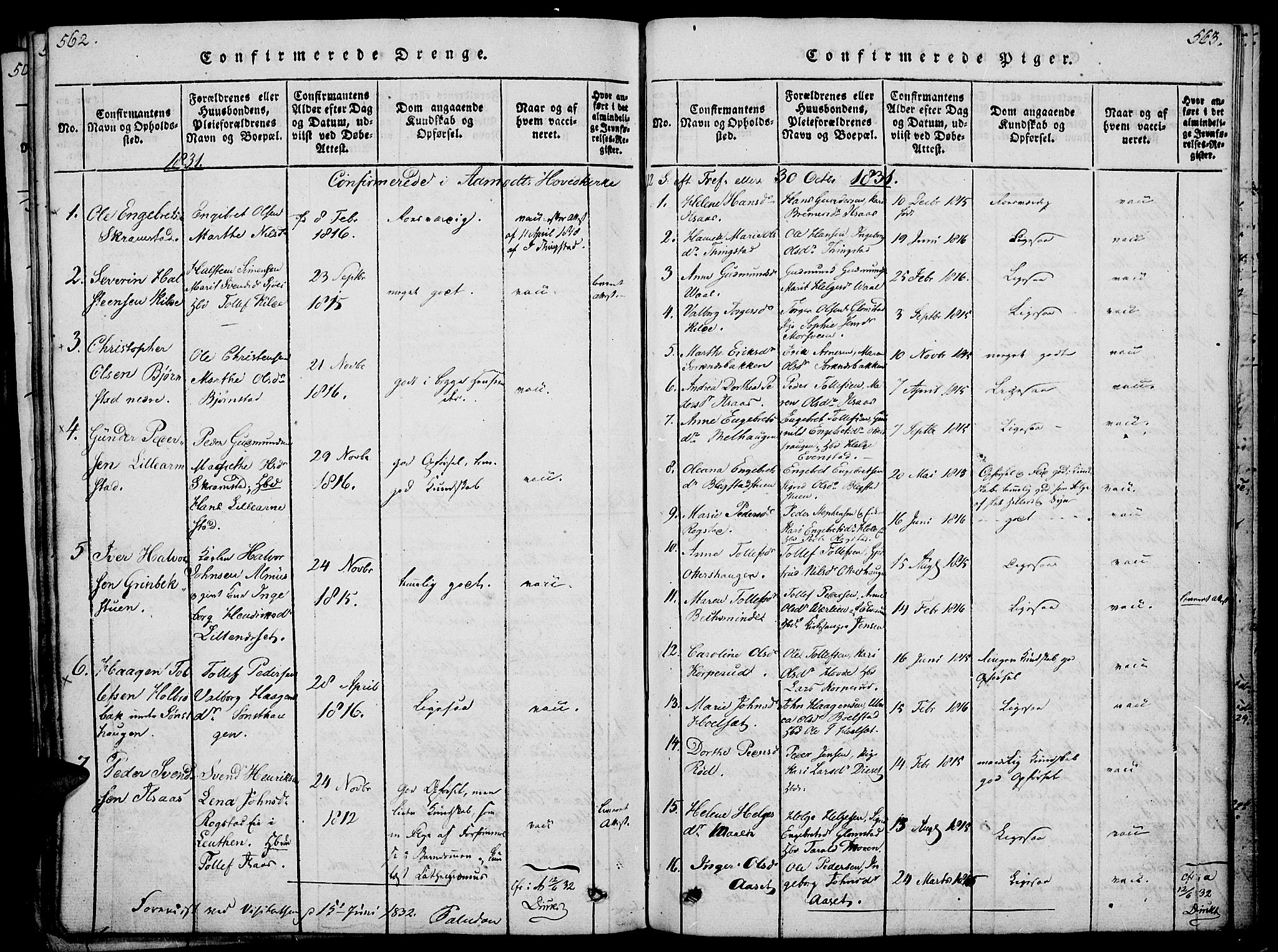 Åmot prestekontor, Hedmark, SAH/PREST-056/H/Ha/Haa/L0005: Ministerialbok nr. 5, 1815-1841, s. 562-563