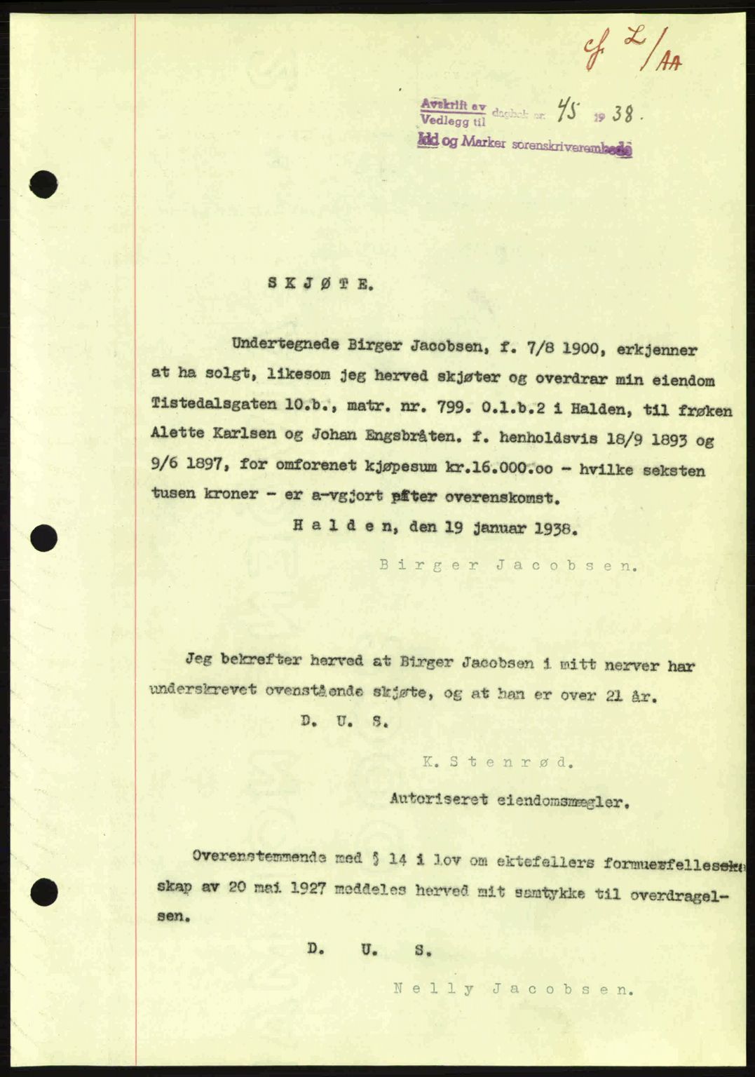 Idd og Marker sorenskriveri, AV/SAO-A-10283/G/Gb/Gbb/L0002: Pantebok nr. A2, 1937-1938, Dagboknr: 45/1938