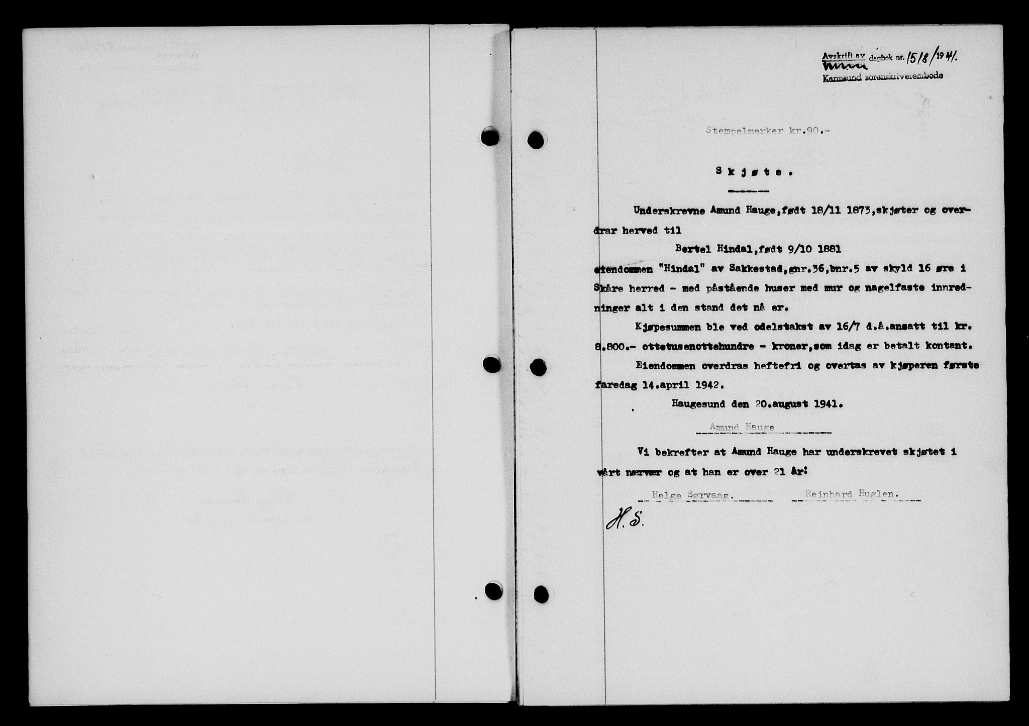 Karmsund sorenskriveri, SAST/A-100311/01/II/IIB/L0075: Pantebok nr. 56A, 1941-1941, Dagboknr: 1518/1941