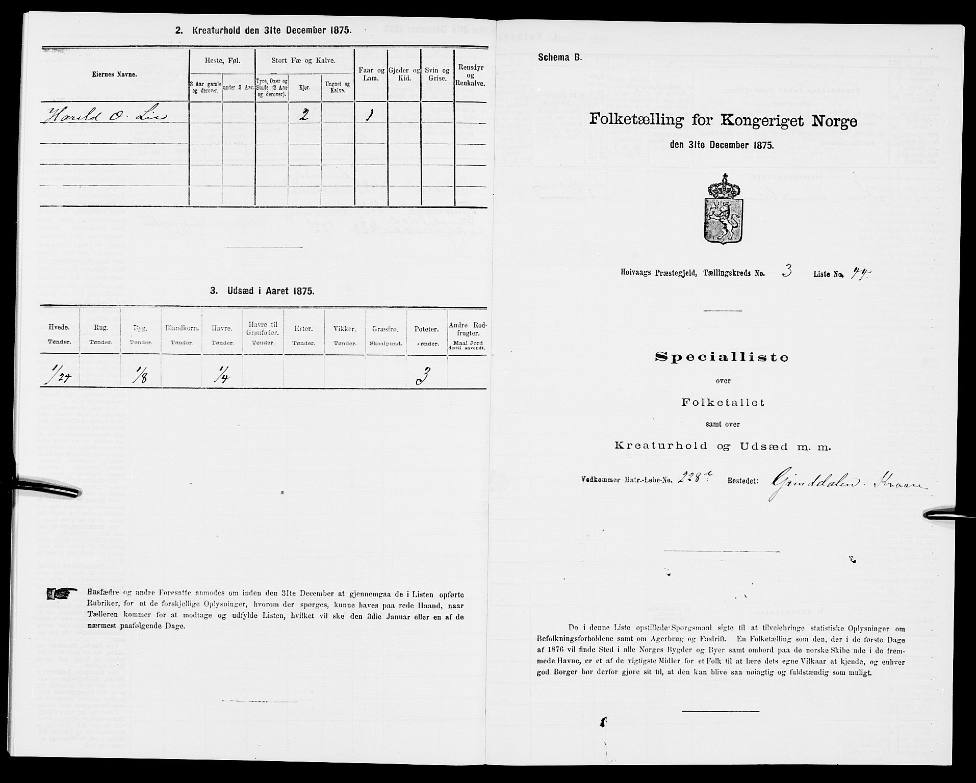 SAK, Folketelling 1875 for 0927P Høvåg prestegjeld, 1875, s. 435