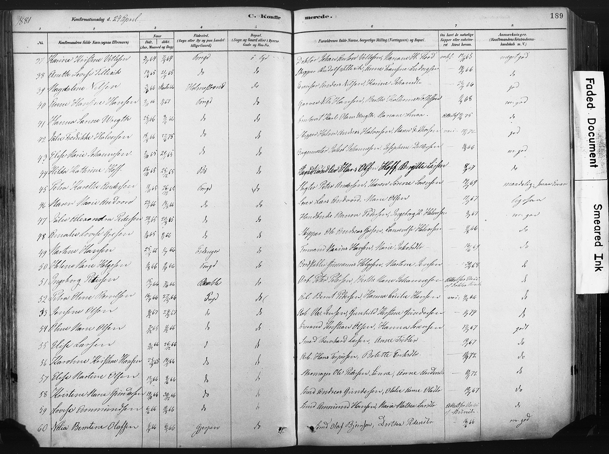 Porsgrunn kirkebøker , AV/SAKO-A-104/F/Fa/L0008: Ministerialbok nr. 8, 1878-1895, s. 189