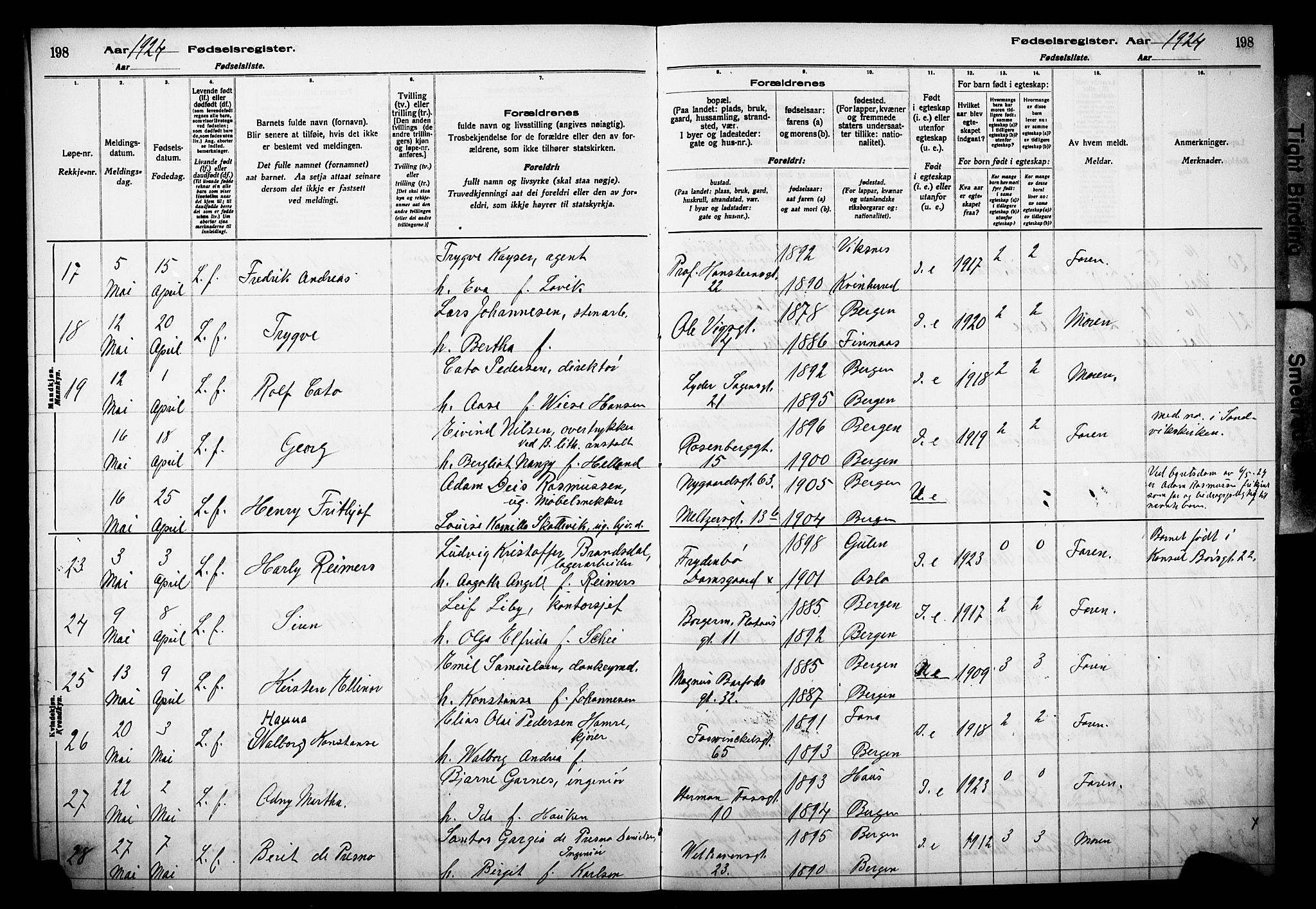 Johanneskirken sokneprestembete, AV/SAB-A-76001/I/Id/L00A1: Fødselsregister nr. A 1, 1916-1924, s. 198