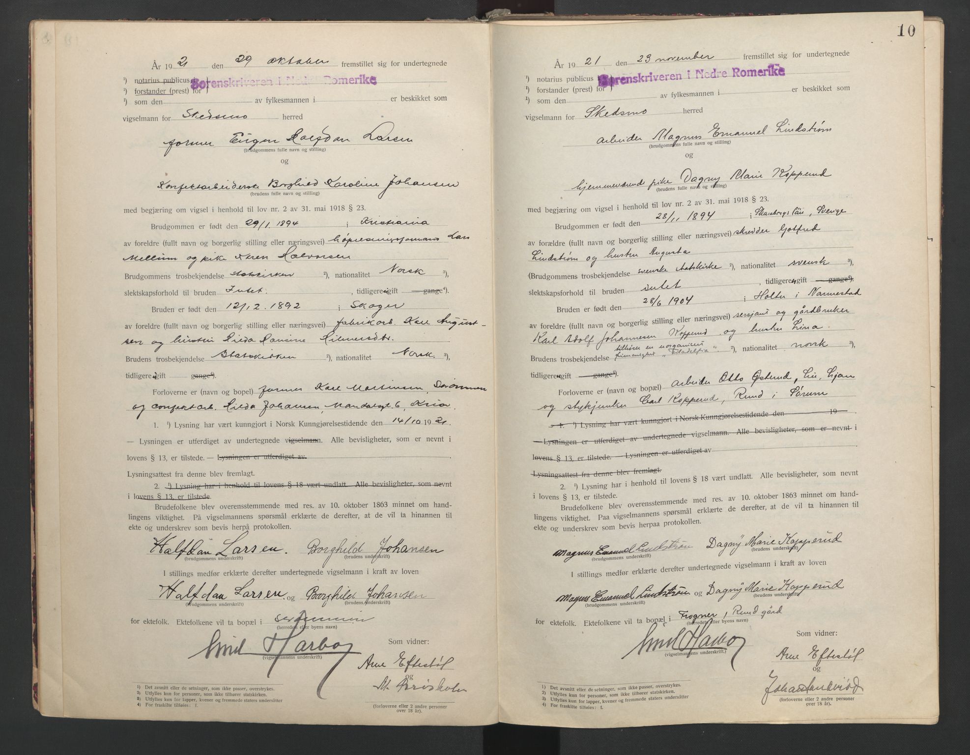 Nedre Romerike sorenskriveri, SAO/A-10469/L/Lb/L0001: Vigselsbok - borgerlige vielser, 1920-1935, s. 10