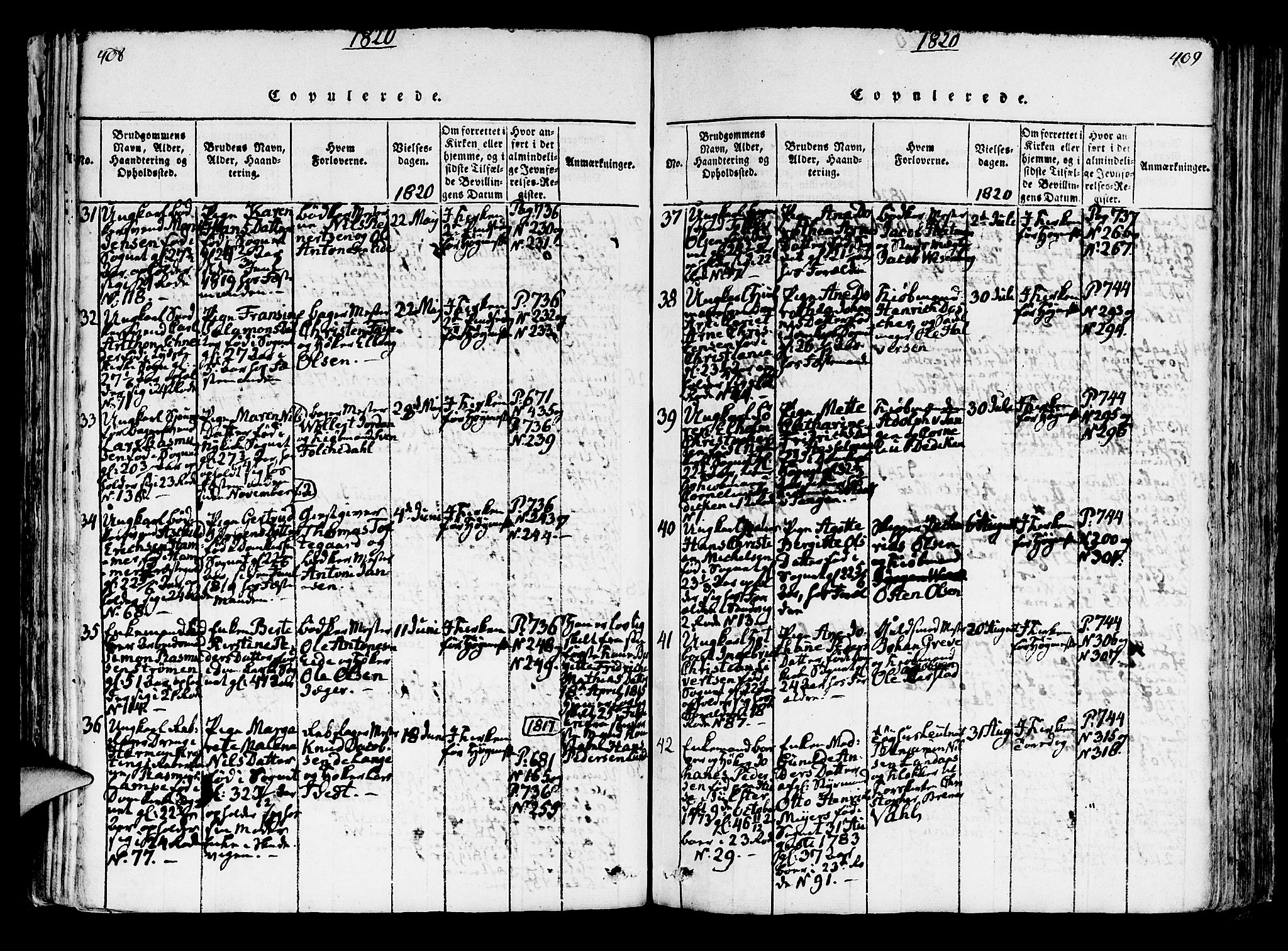 Korskirken sokneprestembete, SAB/A-76101/H/Hab: Klokkerbok nr. A 1b, 1815-1821, s. 408-409