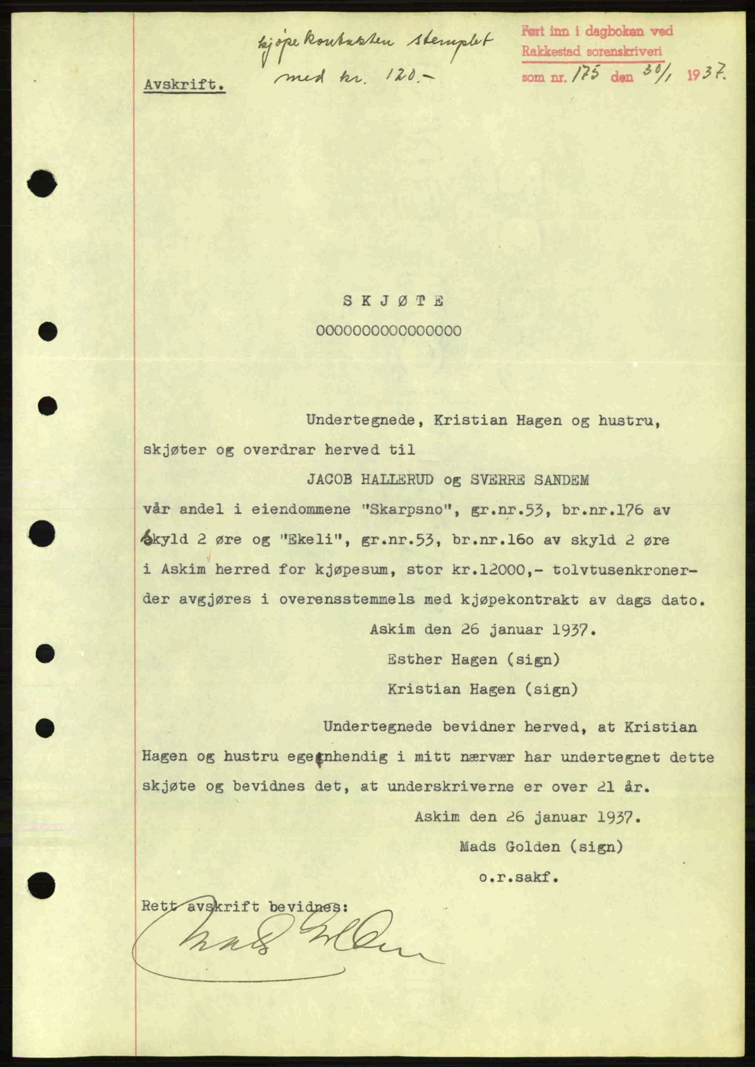 Rakkestad sorenskriveri, SAO/A-10686/G/Gb/Gba/Gbab/L0001: Pantebok nr. A1, 1936-1937, Dagboknr: 175/1937