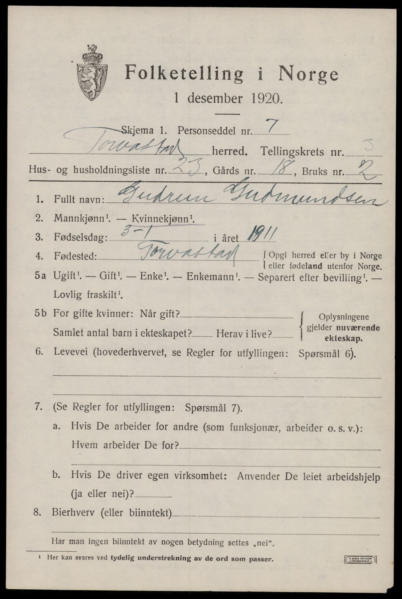 SAST, Folketelling 1920 for 1152 Torvastad herred, 1920, s. 3172