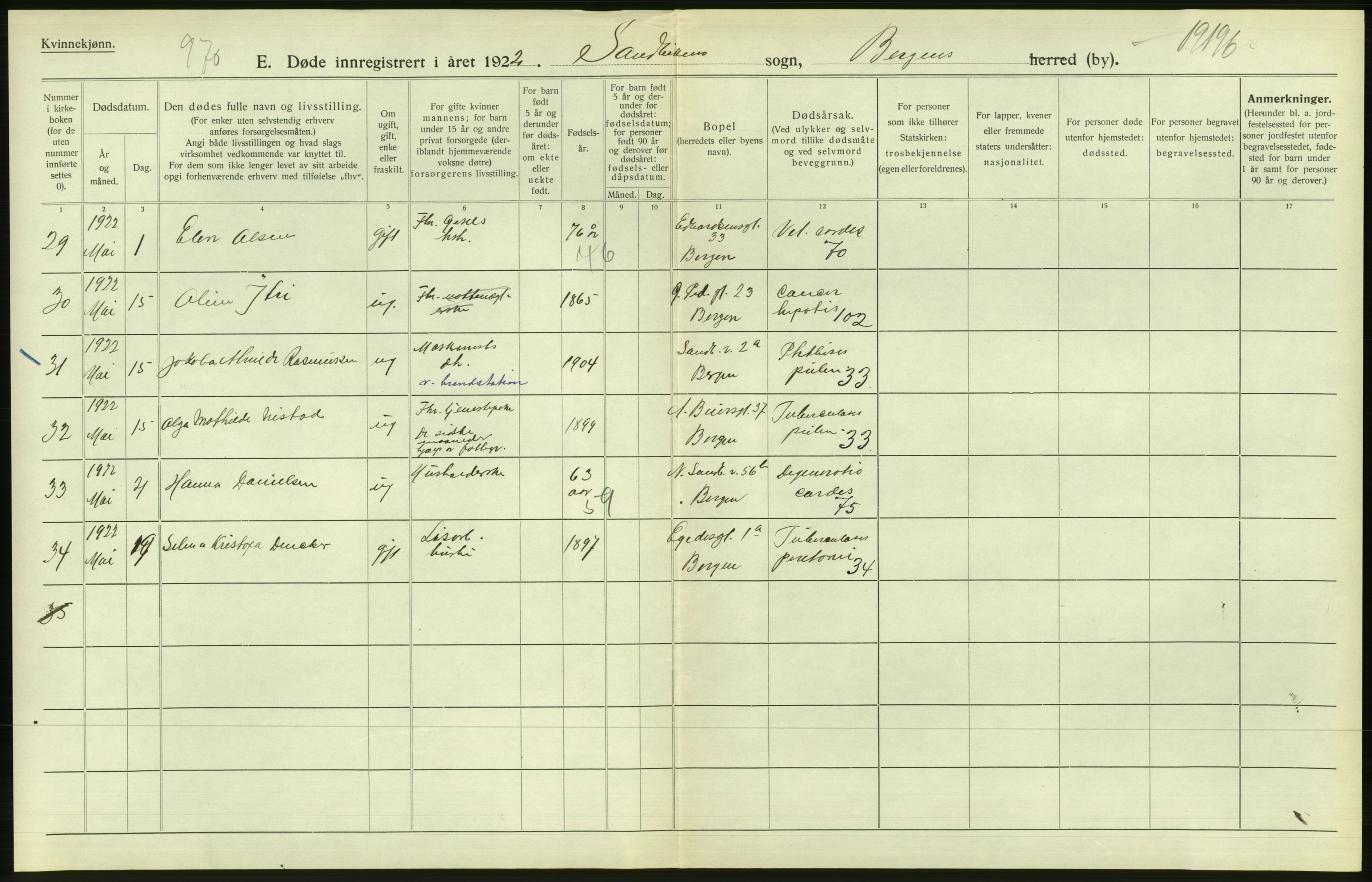 Statistisk sentralbyrå, Sosiodemografiske emner, Befolkning, AV/RA-S-2228/D/Df/Dfc/Dfcb/L0030: Bergen: Gifte, døde, dødfødte., 1922, s. 552