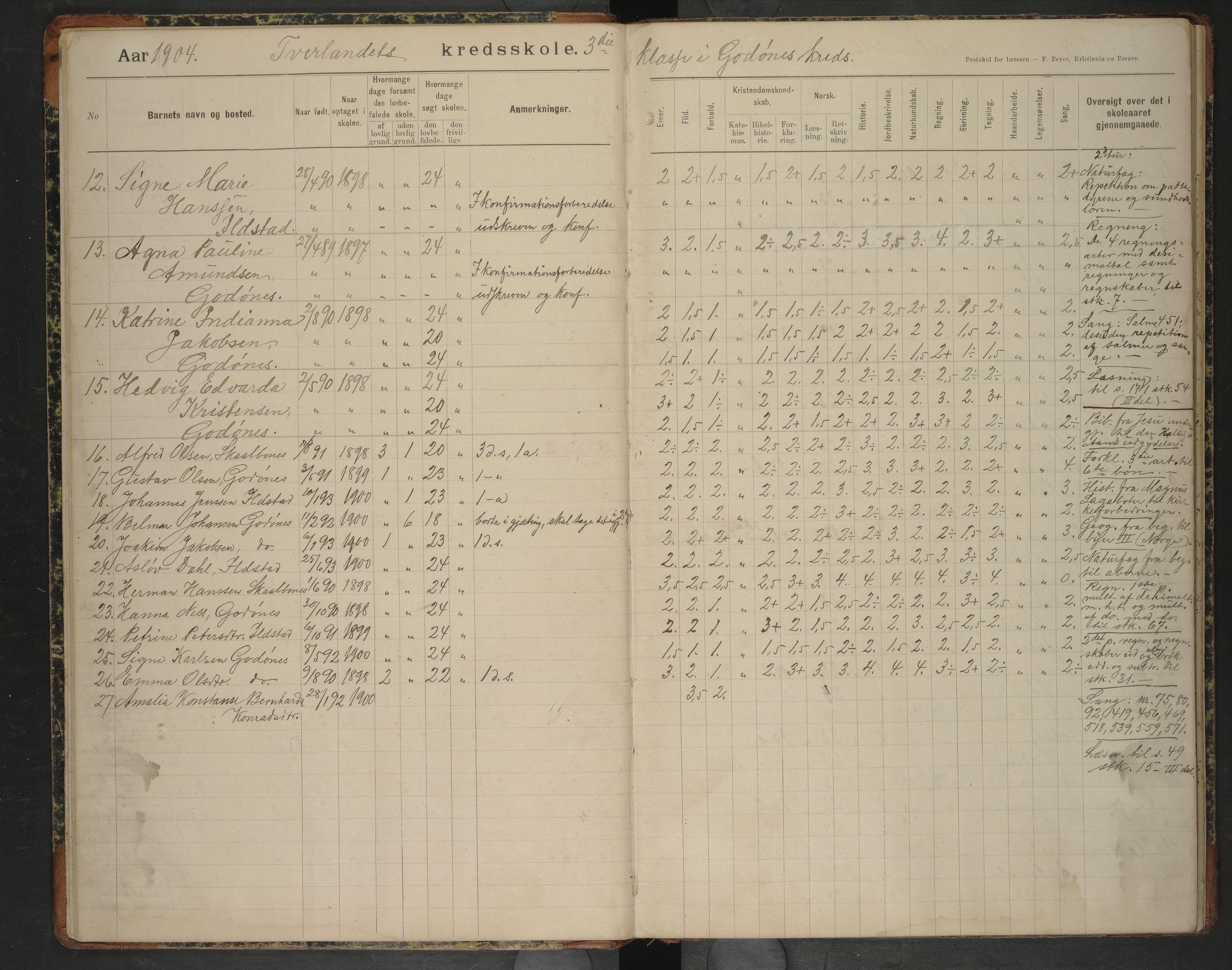 Bodin kommune. Tverlandet skolekrets, AIN/K-18431.510.02/F/Fa/L0007: Skoleprotokoll, 1904-1913