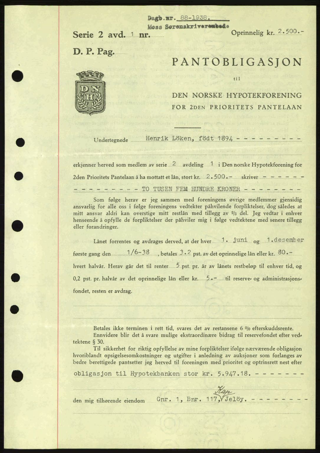 Moss sorenskriveri, SAO/A-10168: Pantebok nr. B4, 1937-1938, Dagboknr: 88/1938