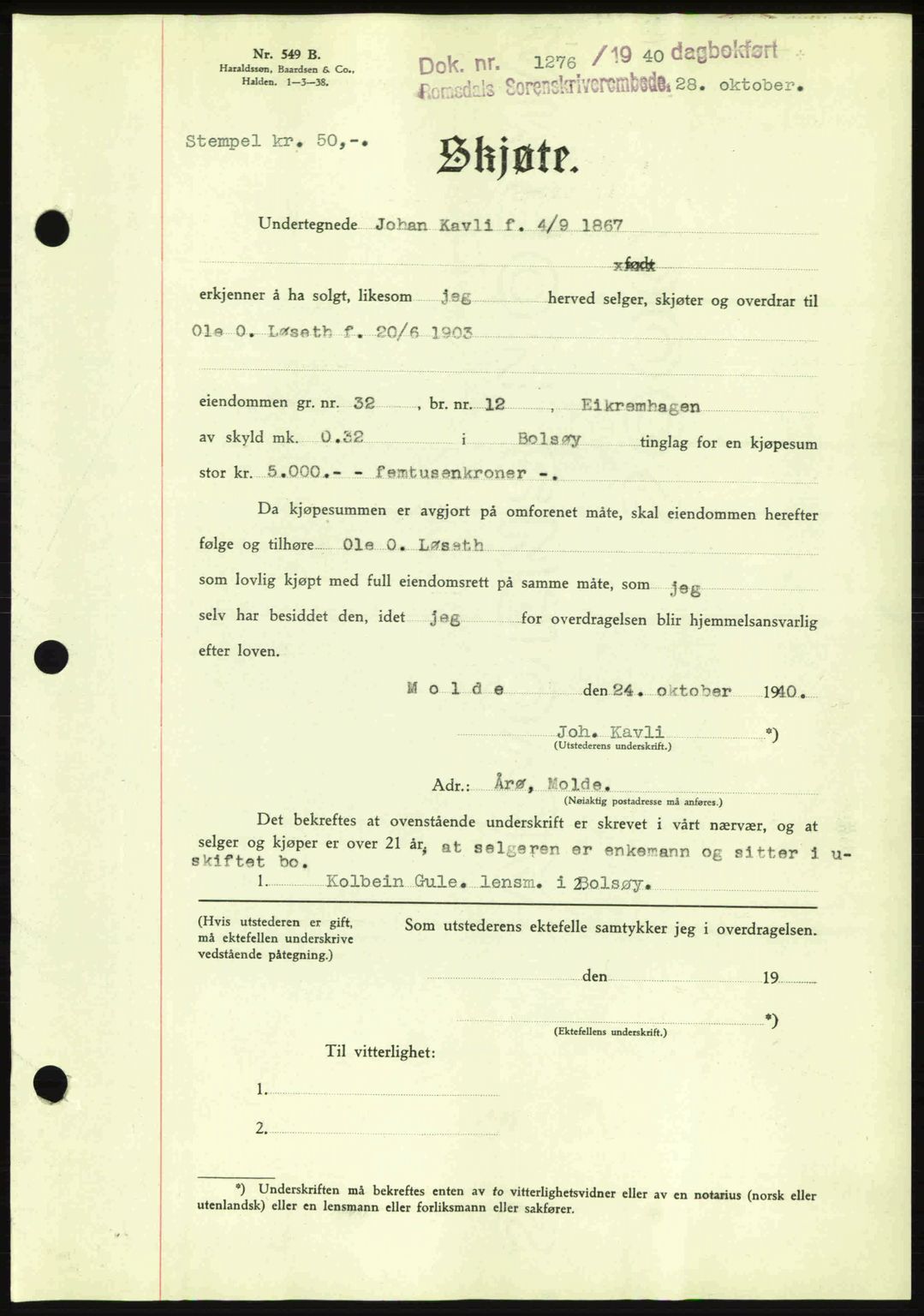 Romsdal sorenskriveri, SAT/A-4149/1/2/2C: Pantebok nr. A9, 1940-1941, Dagboknr: 1276/1940
