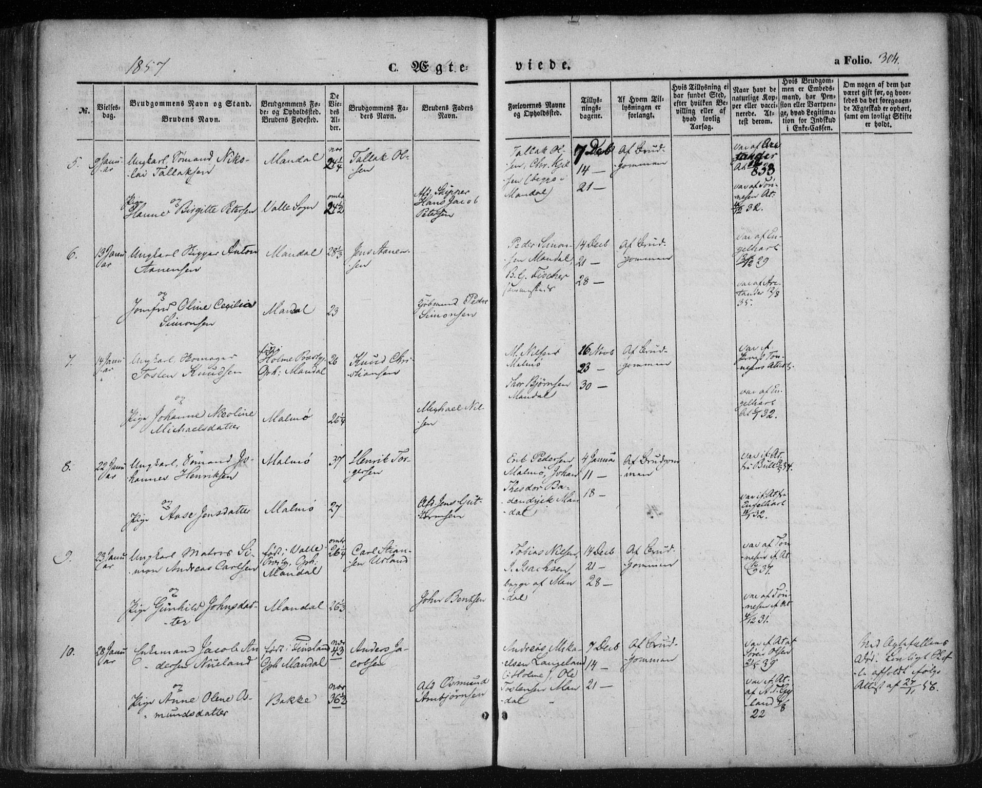 Mandal sokneprestkontor, AV/SAK-1111-0030/F/Fa/Faa/L0013: Ministerialbok nr. A 13, 1847-1859, s. 304