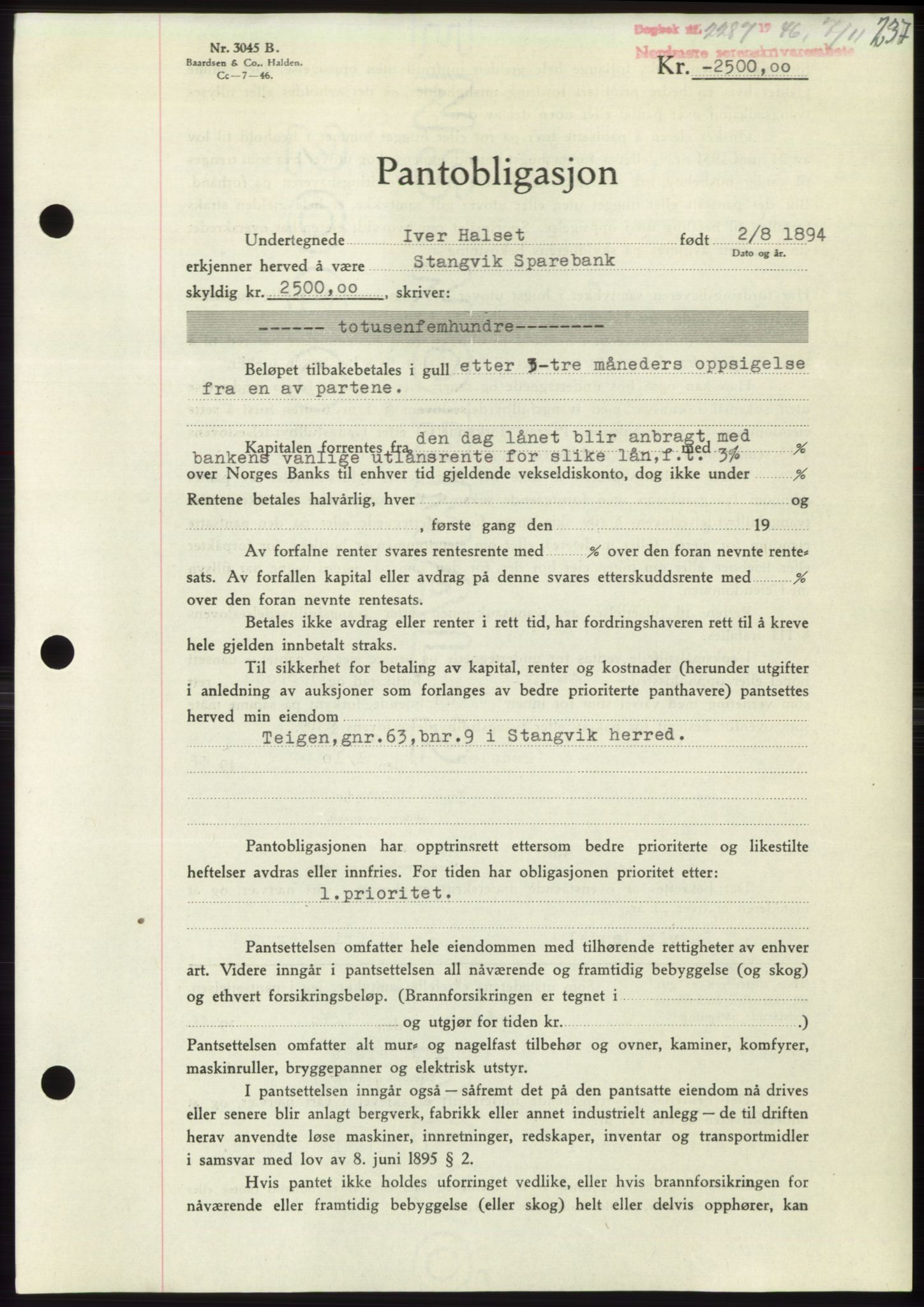 Nordmøre sorenskriveri, SAT/A-4132/1/2/2Ca: Pantebok nr. B95, 1946-1947, Dagboknr: 2287/1946