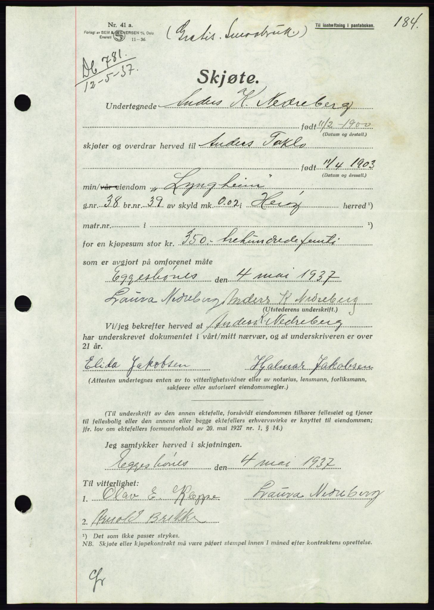 Søre Sunnmøre sorenskriveri, AV/SAT-A-4122/1/2/2C/L0063: Pantebok nr. 57, 1937-1937, Dagboknr: 781/1937