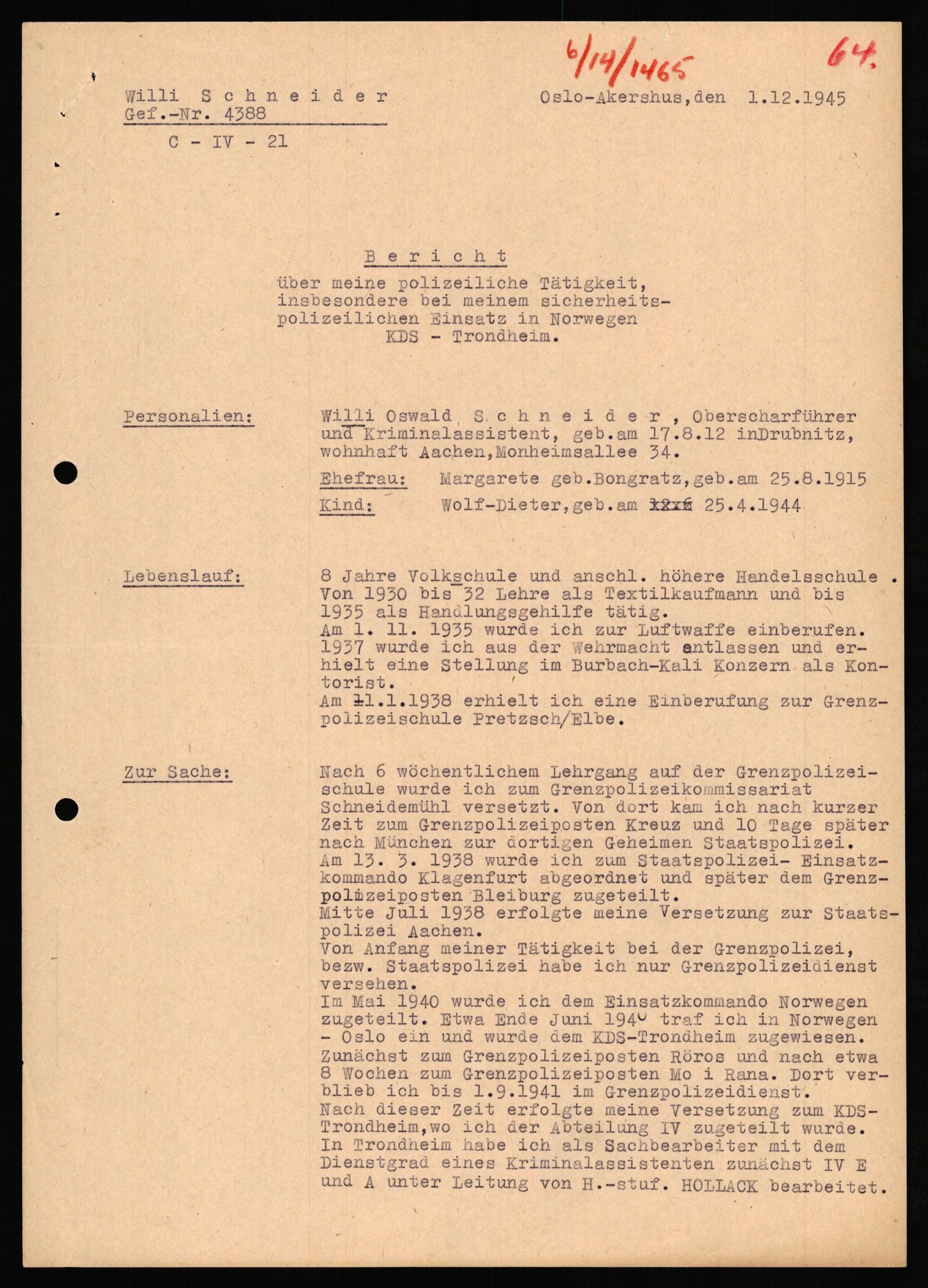 Forsvaret, Forsvarets overkommando II, AV/RA-RAFA-3915/D/Db/L0030: CI Questionaires. Tyske okkupasjonsstyrker i Norge. Tyskere., 1945-1946, s. 71