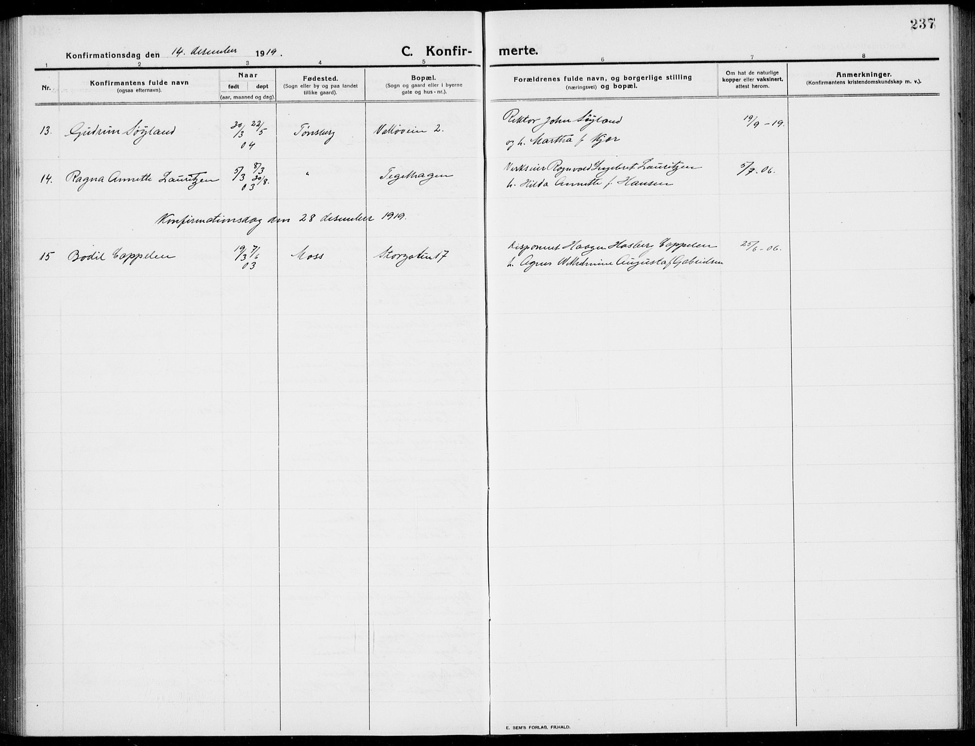 Tønsberg kirkebøker, AV/SAKO-A-330/G/Ga/L0009: Klokkerbok nr. 9, 1913-1920, s. 237