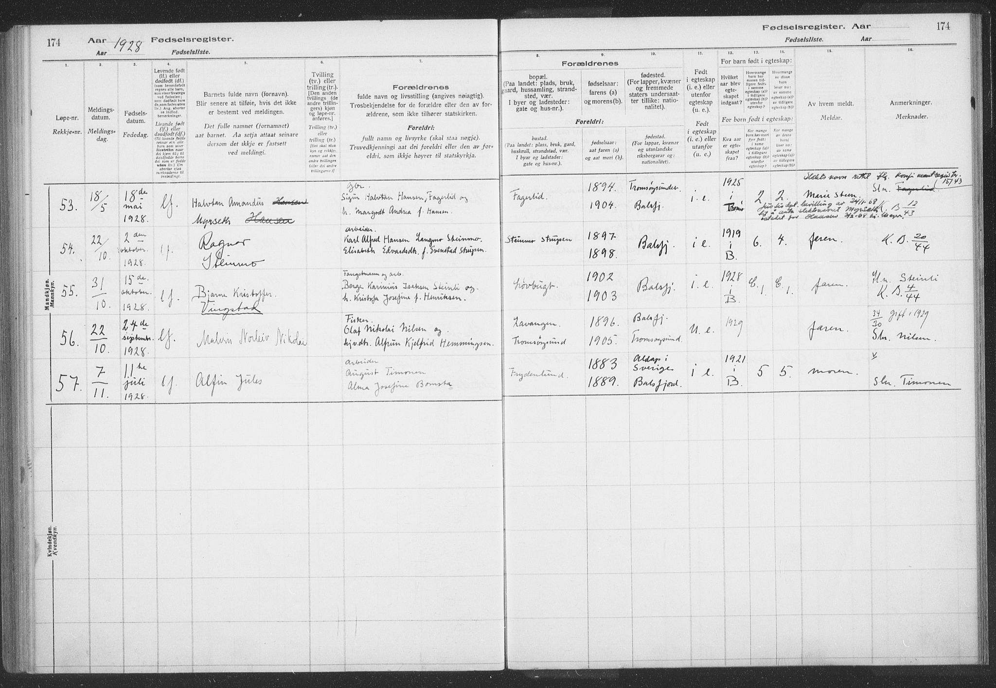 Balsfjord sokneprestembete, AV/SATØ-S-1303/H/Hb/L0059: Fødselsregister nr. 59, 1916-1930, s. 174