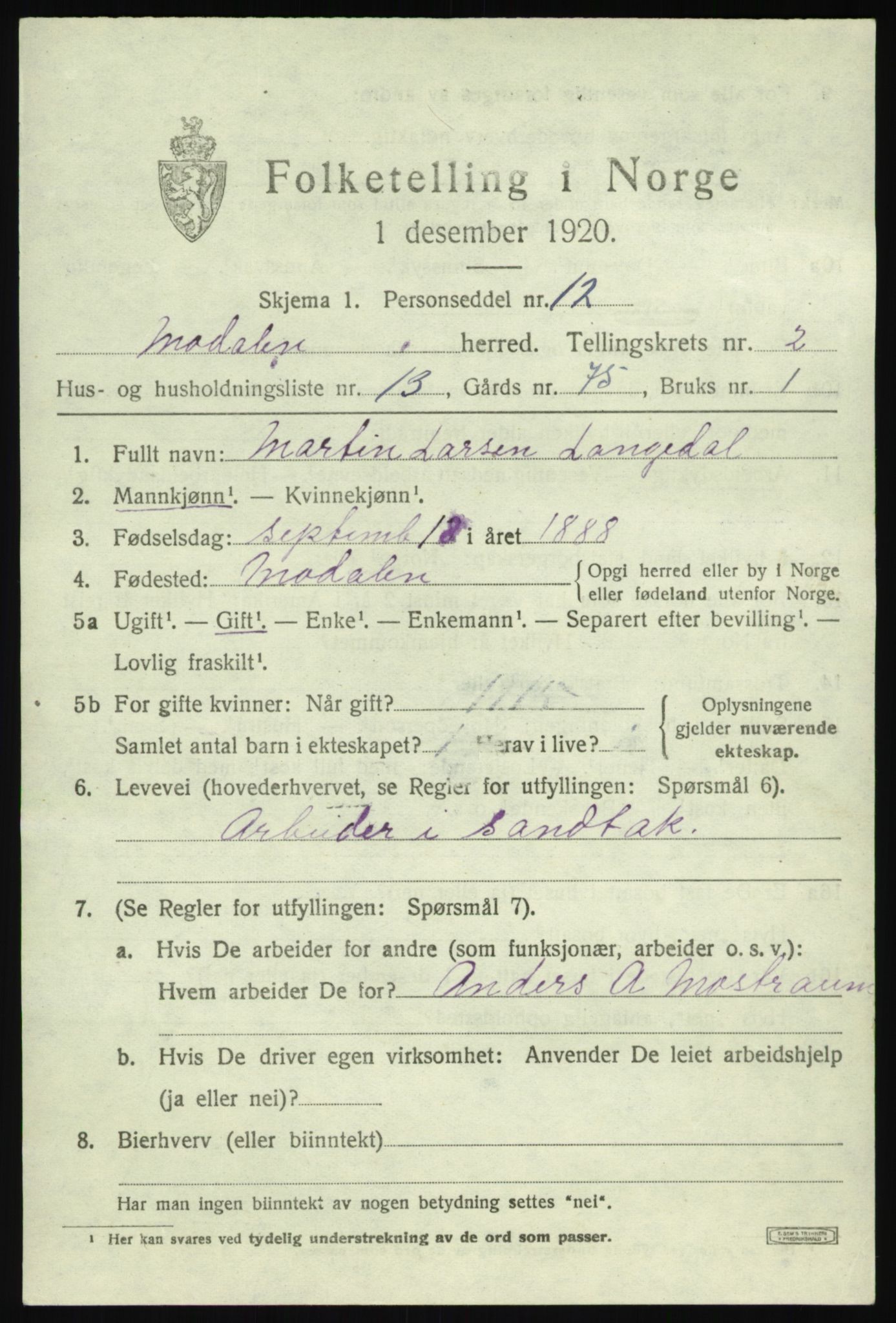 SAB, Folketelling 1920 for 1252 Modalen herred, 1920, s. 524