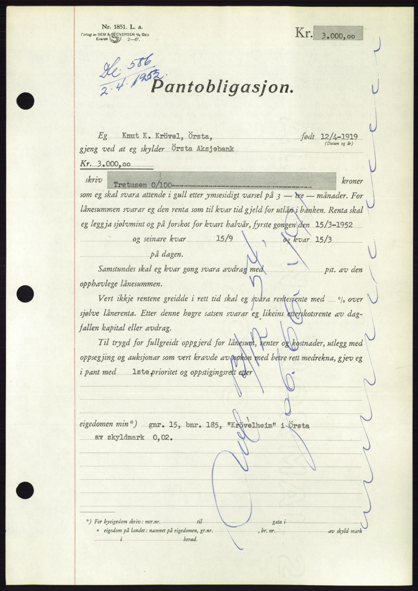 Søre Sunnmøre sorenskriveri, AV/SAT-A-4122/1/2/2C/L0121: Pantebok nr. 9B, 1951-1952, Dagboknr: 586/1952