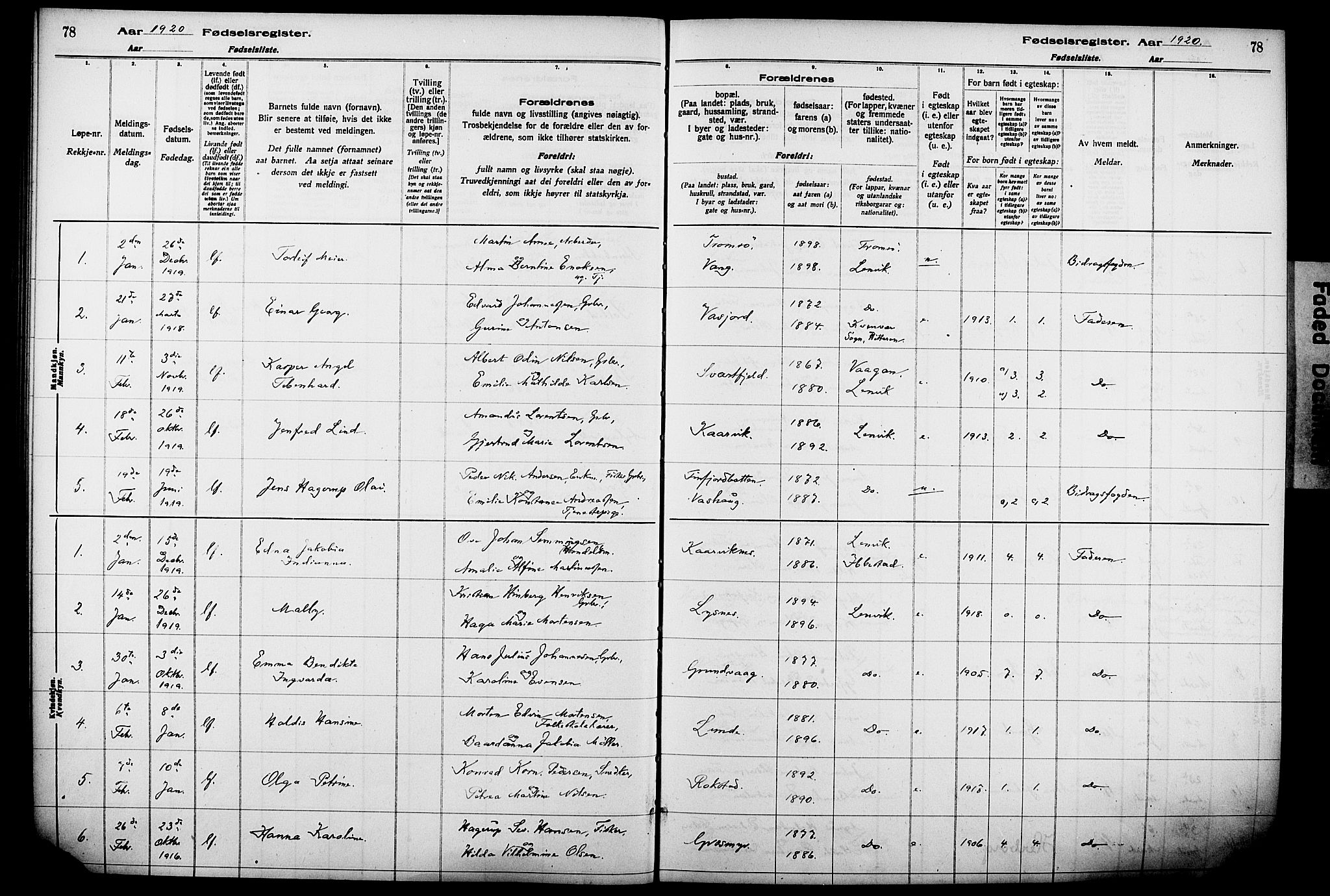 Lenvik sokneprestembete, SATØ/S-1310/I/Ic/L0089: Fødselsregister nr. 89, 1916-1926, s. 78