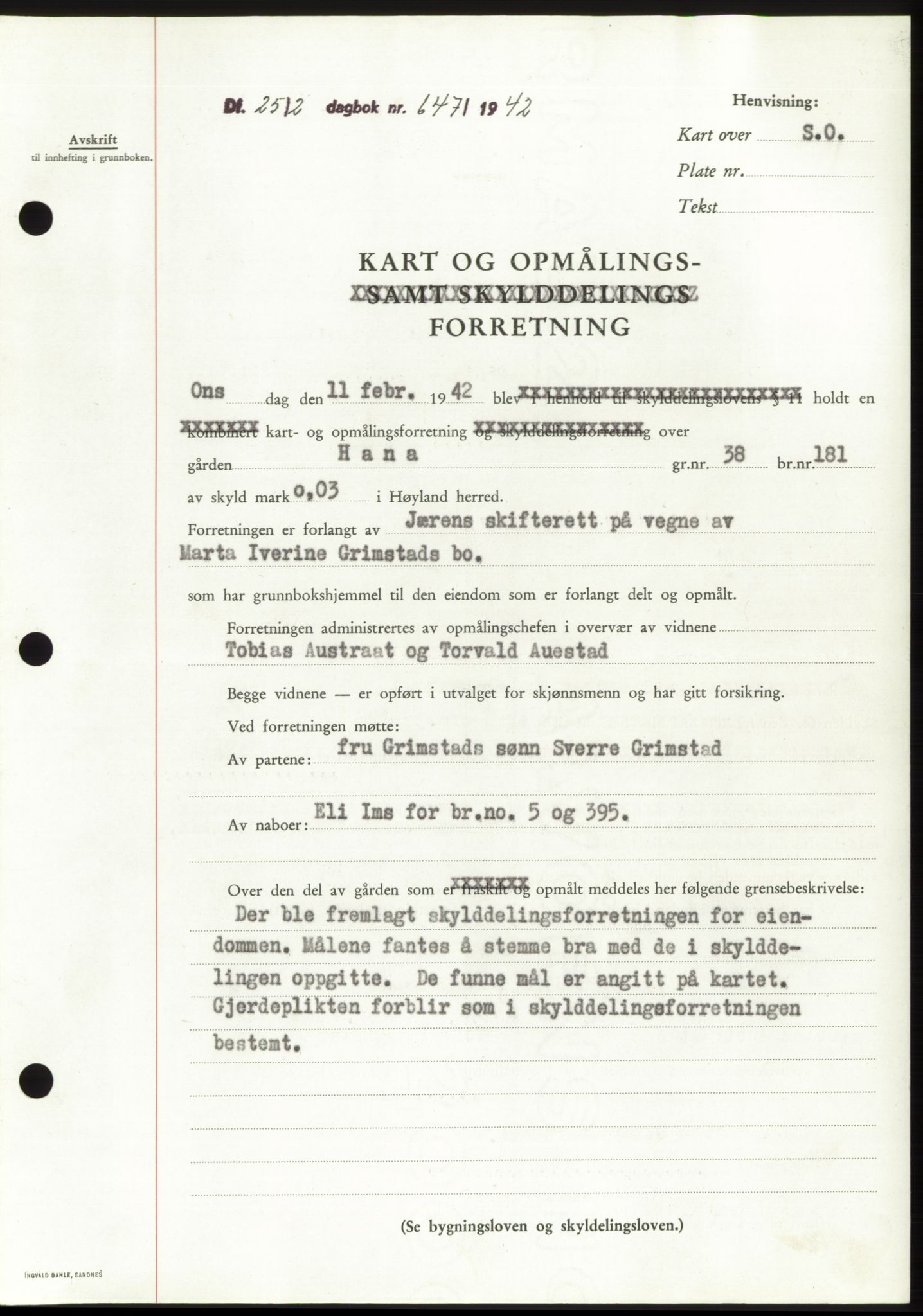 Jæren sorenskriveri, SAST/A-100310/03/G/Gba/L0082: Pantebok, 1942-1942, Dagboknr: 647/1942