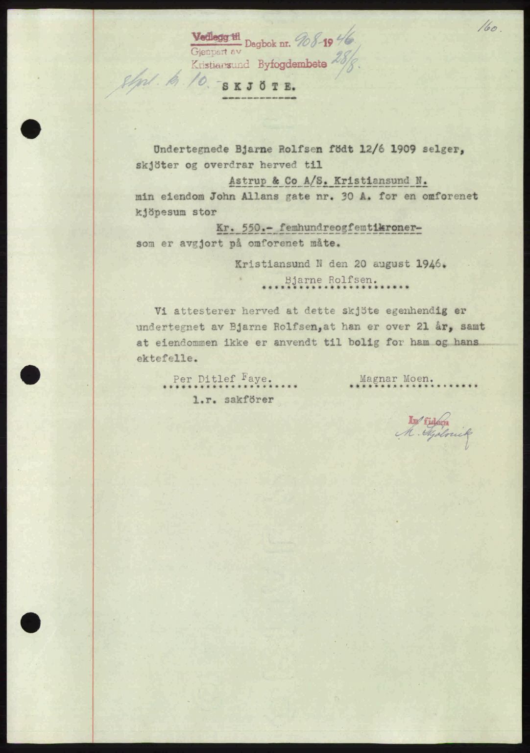 Kristiansund byfogd, AV/SAT-A-4587/A/27: Pantebok nr. 39b, 1946-1947, Dagboknr: 908/1946