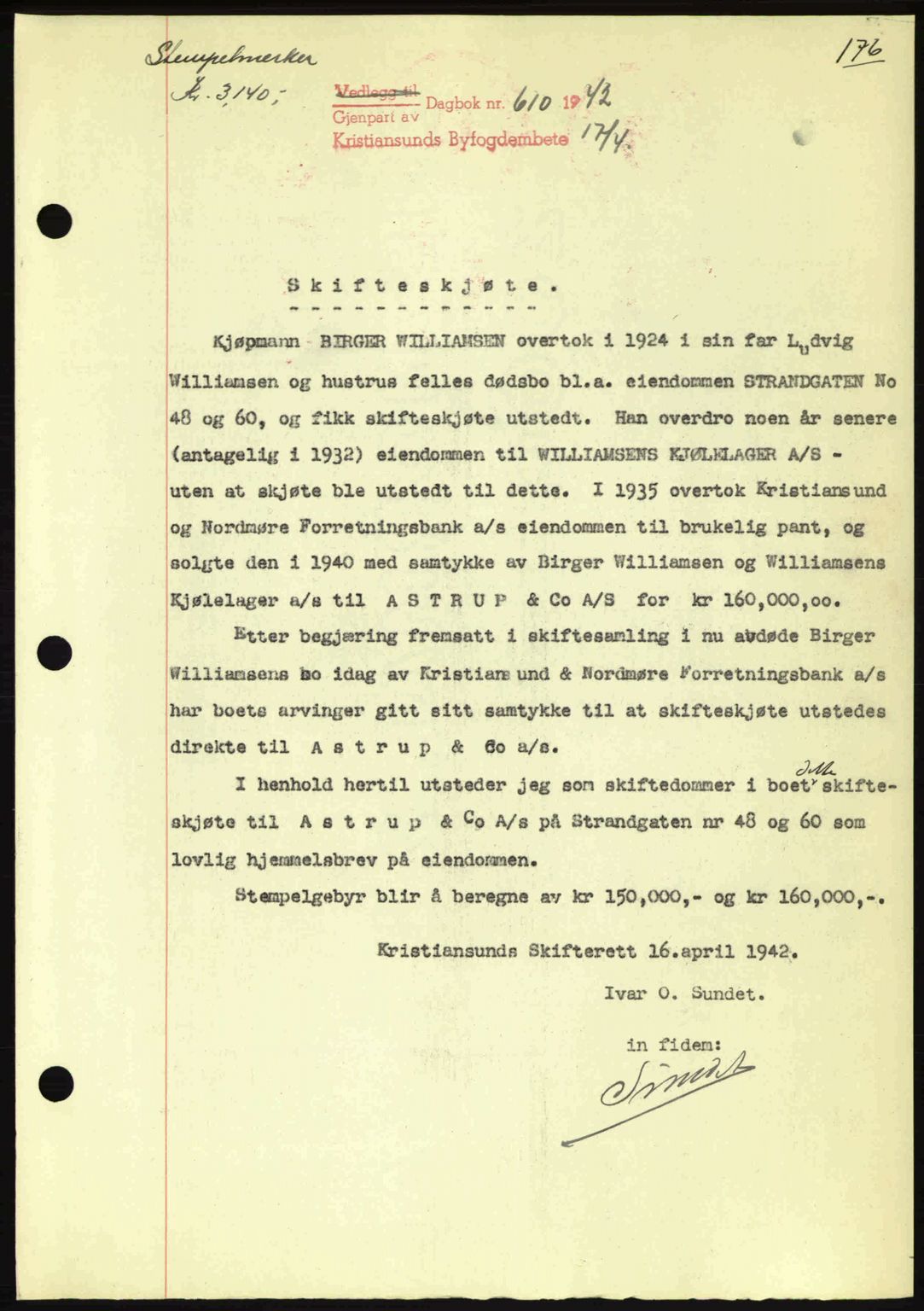 Kristiansund byfogd, AV/SAT-A-4587/A/27: Pantebok nr. 34, 1941-1945, Dagboknr: 610/1942