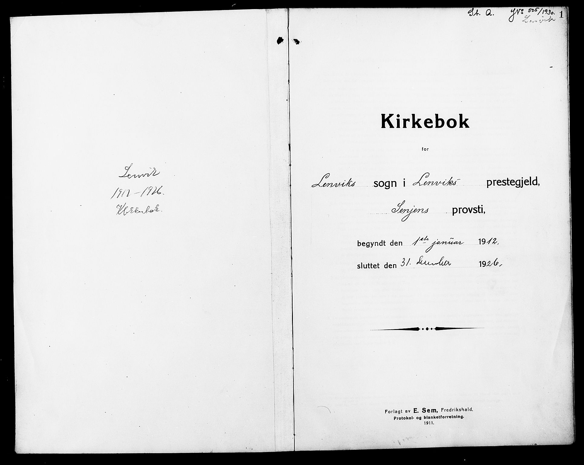 Lenvik sokneprestembete, AV/SATØ-S-1310/H/Ha/Hab/L0009klokker: Klokkerbok nr. 9, 1912-1926, s. 1